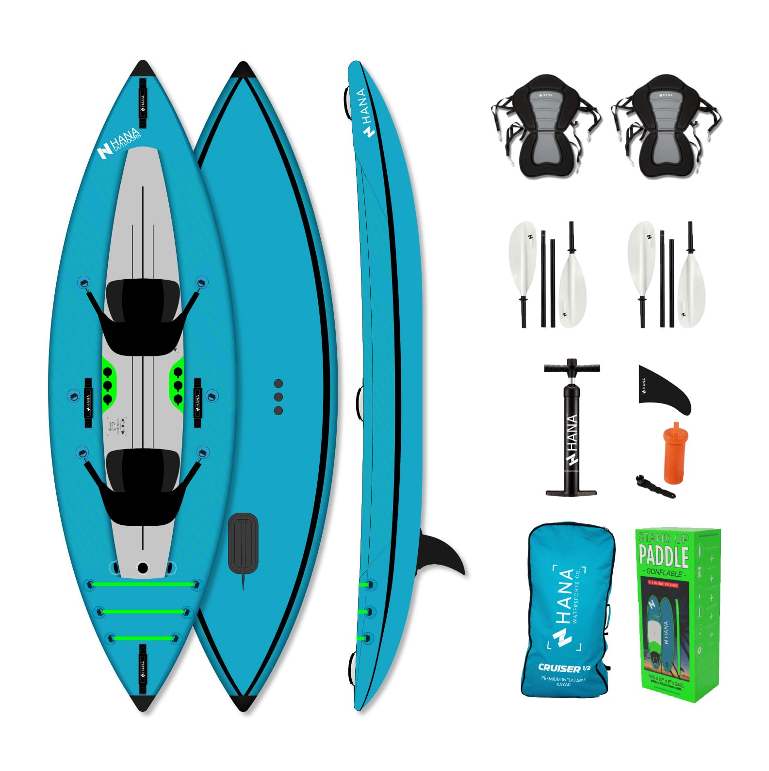 HANA Cruiser 1/2P Kayak Gonflable 340cm – Pack Complet avec 2 Pagaies, 2 Sièges, Pompe, Sac – Canoë Stable & Robuste – Plancher Dropstitch