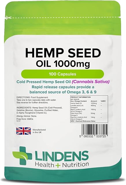 Lindens Hemp Seed Oil 1000mg - 100 Capsules - Source of Omega 3, 6 & 9 | Cold Pressed, Made in The UK