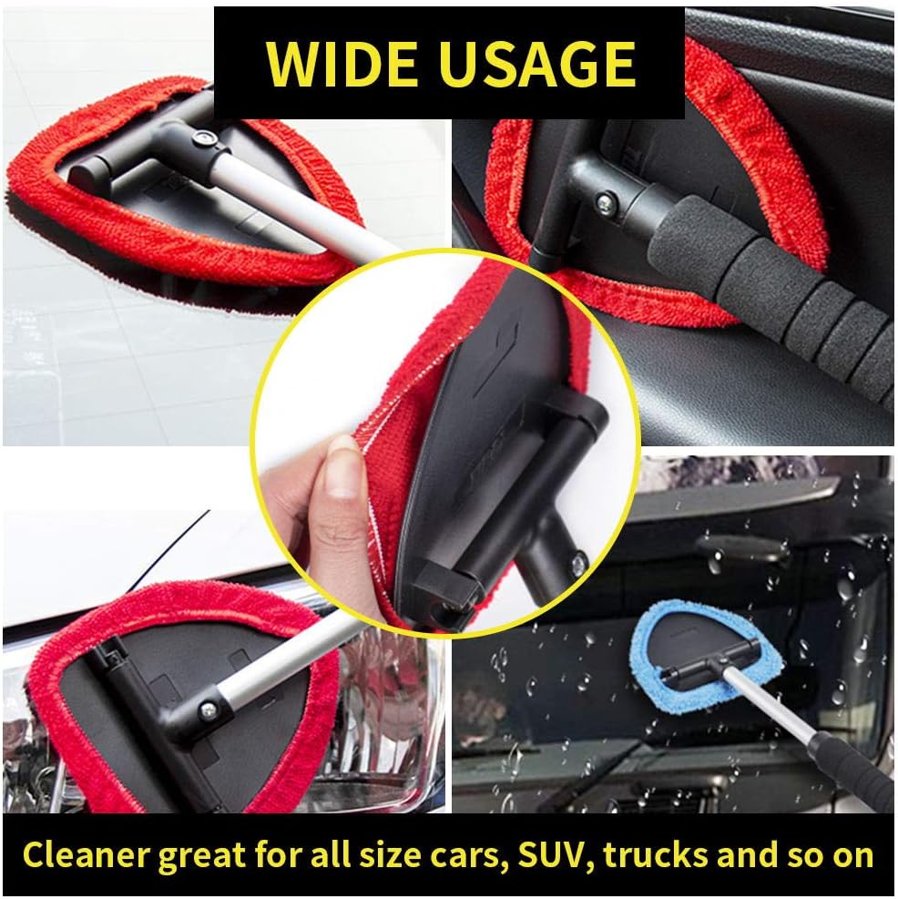 AutoEC Auto Car Windshield Cleaner, Extendable Handle Window Cleaner Brush Kit Comes with 4 Packs Washable and Reusable Pads（2 Wet Use 2 Dry Use）