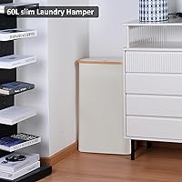 Vista 4 de Cesta de lavandería delgada, cesta estrecha con tapa, cesta de 60 litros para lavandería, cesta de tela sucia con mango de bambú para juguetes, Beige