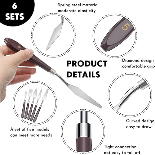 Miniatura 9 de Lanties Juego de 30 cuchillos de pintura de acero inoxidable, herramientas de pintura, espátula de pintura de metal flexible con mango de madera