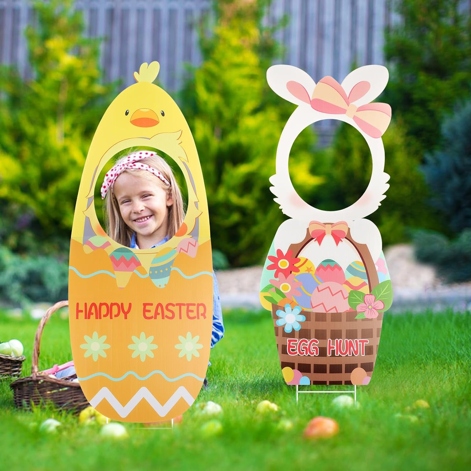 2 PCS Easter Face Yard Signs Decorations Large Easter Yard Signs Cute Bunny & Chick Yard Sign with Stakes Easter Lawn Sign Decorations for Garden Props Holiday Easter Egg Hunt Lawn