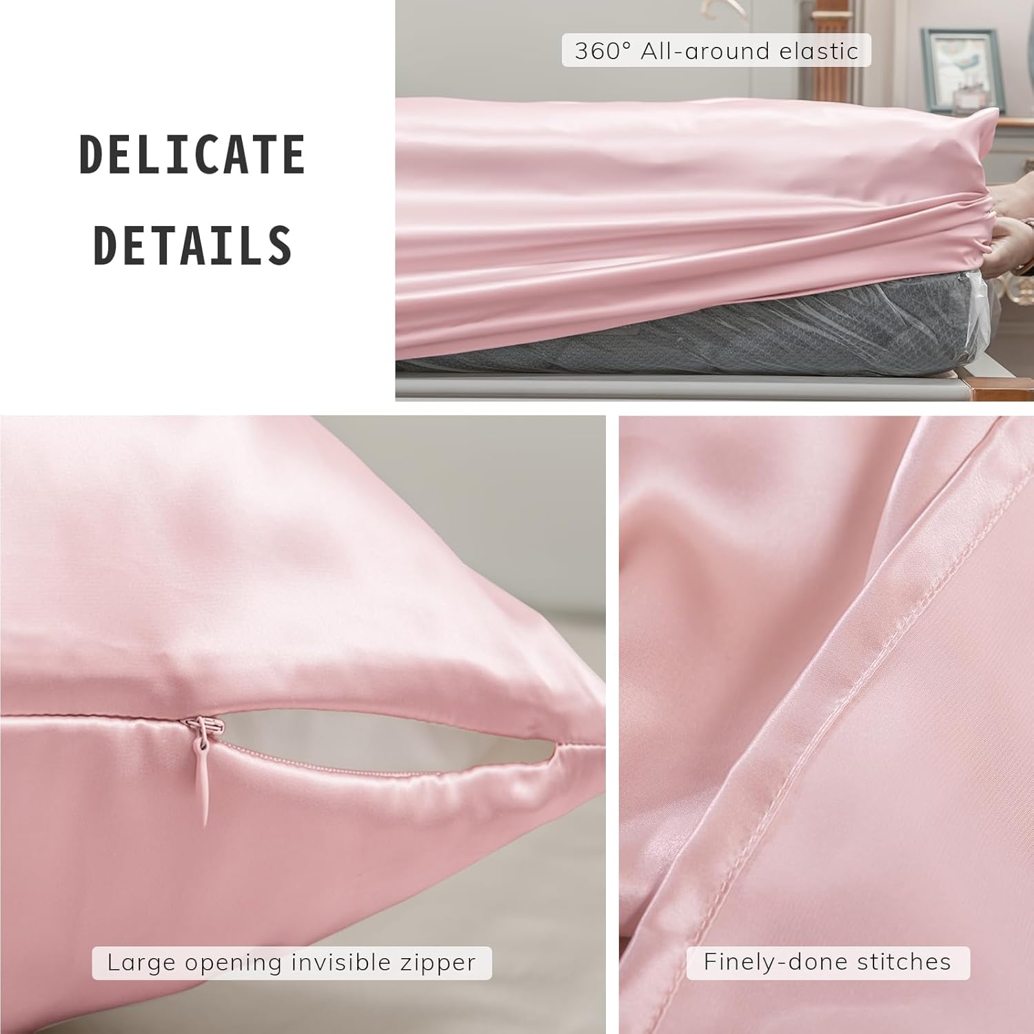 PROMEED Upgraded 23 Momme Pink Silk Sheets Queen Size Set 4 Pieces, Natural Mulberry Silk Cooling Bed Sheets and Pillowcase Sets (Pink, Queen)