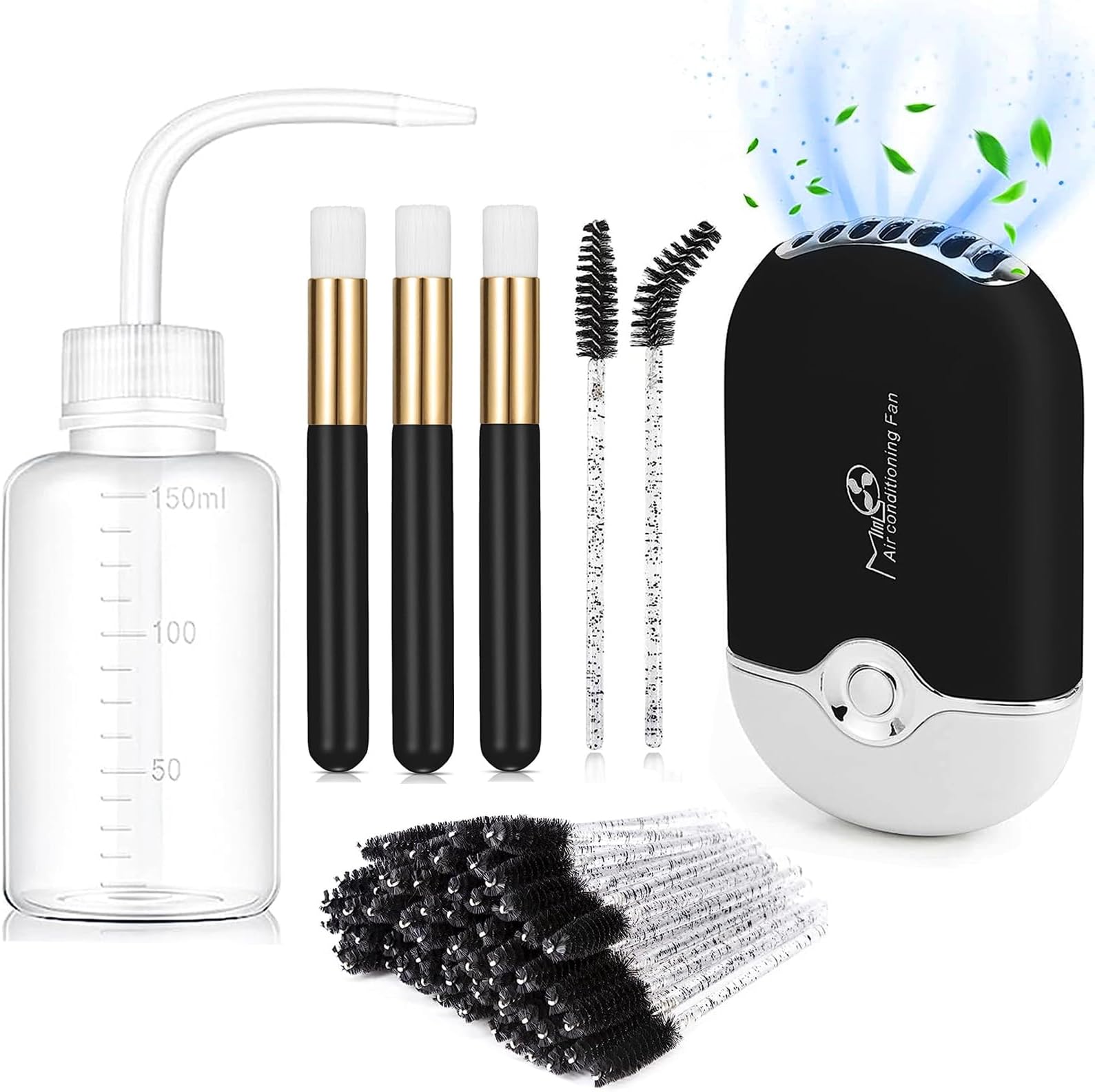 Eyelash Cleaning Kit - Mini Portable Lash Fan with 50 Shampoo Brushes, Nose Blackhead Cleanser, and Wash Bottle - for Eyelash Extensions, Black