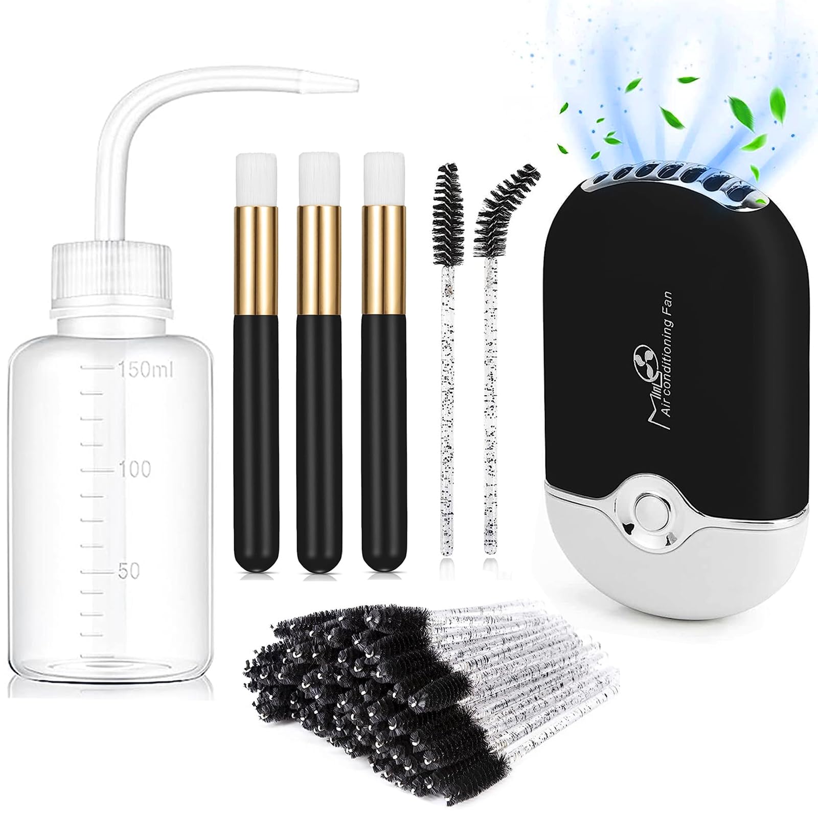 Eyelash Cleaning Kit - Mini Portable Lash Fan with 50 Shampoo Brushes, Nose Blackhead Cleanser, and Wash Bottle - for Eyelash Extensions, Black