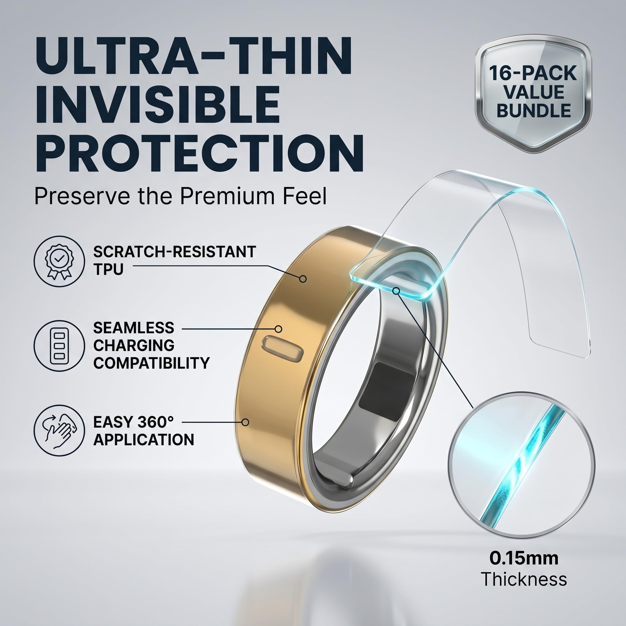 Seltureone 16 Pack Ring Cover for Oura Ring Gen 4/4 Ceramic/Gen 3 Skin Ring Protector, Scratch-Resistant Ultra Thin & Clear Invisible TPU Protective Film for Oura Ring 4 Cover - Clear (Size 5/6/7/8) — view 3