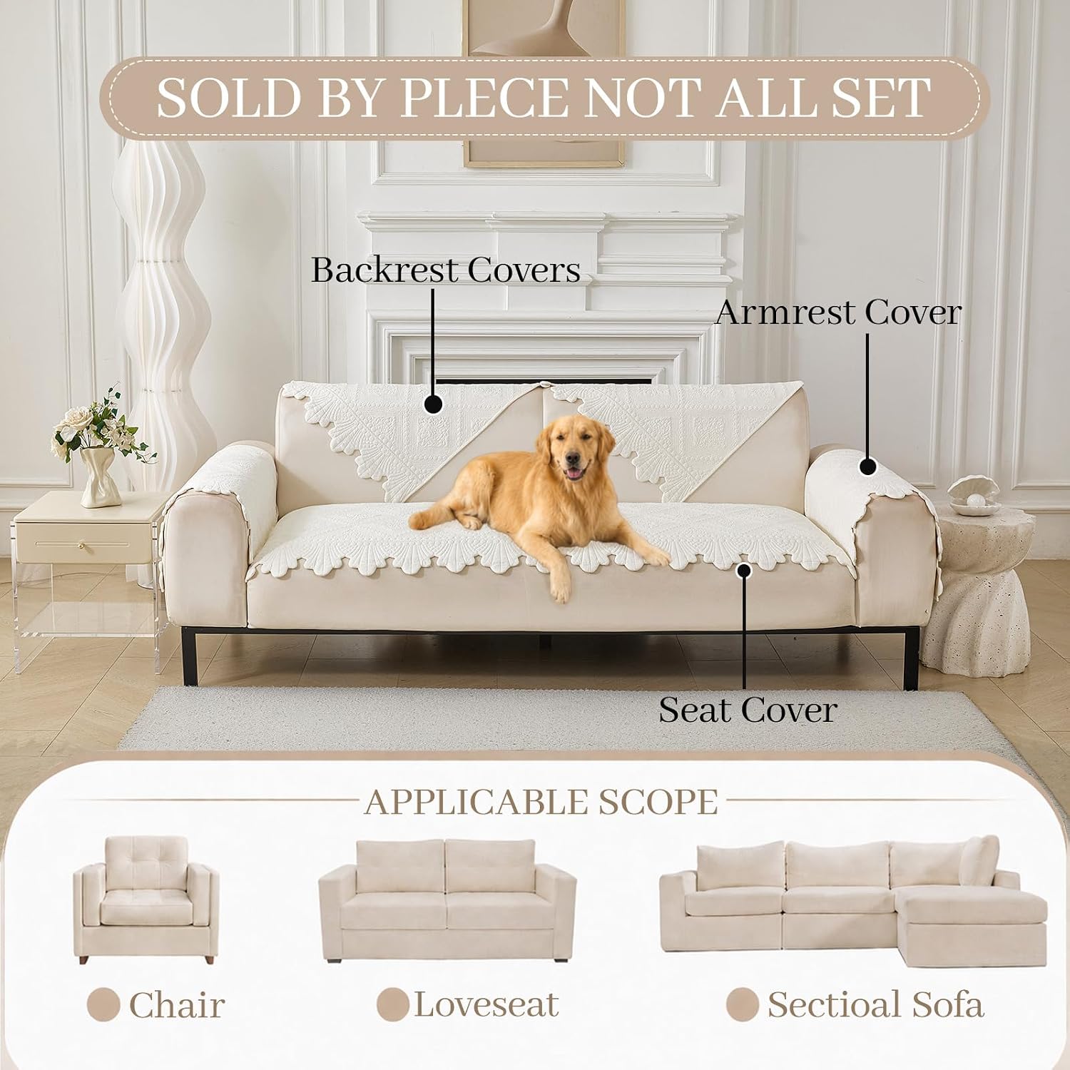 Deep Dream Cotton Quilted Couch Covers, Farmhouse Rustic Embroidery Sectional Couch Cover for Sofa, Anti-Slip Washable Sofa Slipcover Furniture Protector for Kids, Pets (White, 28"x59")