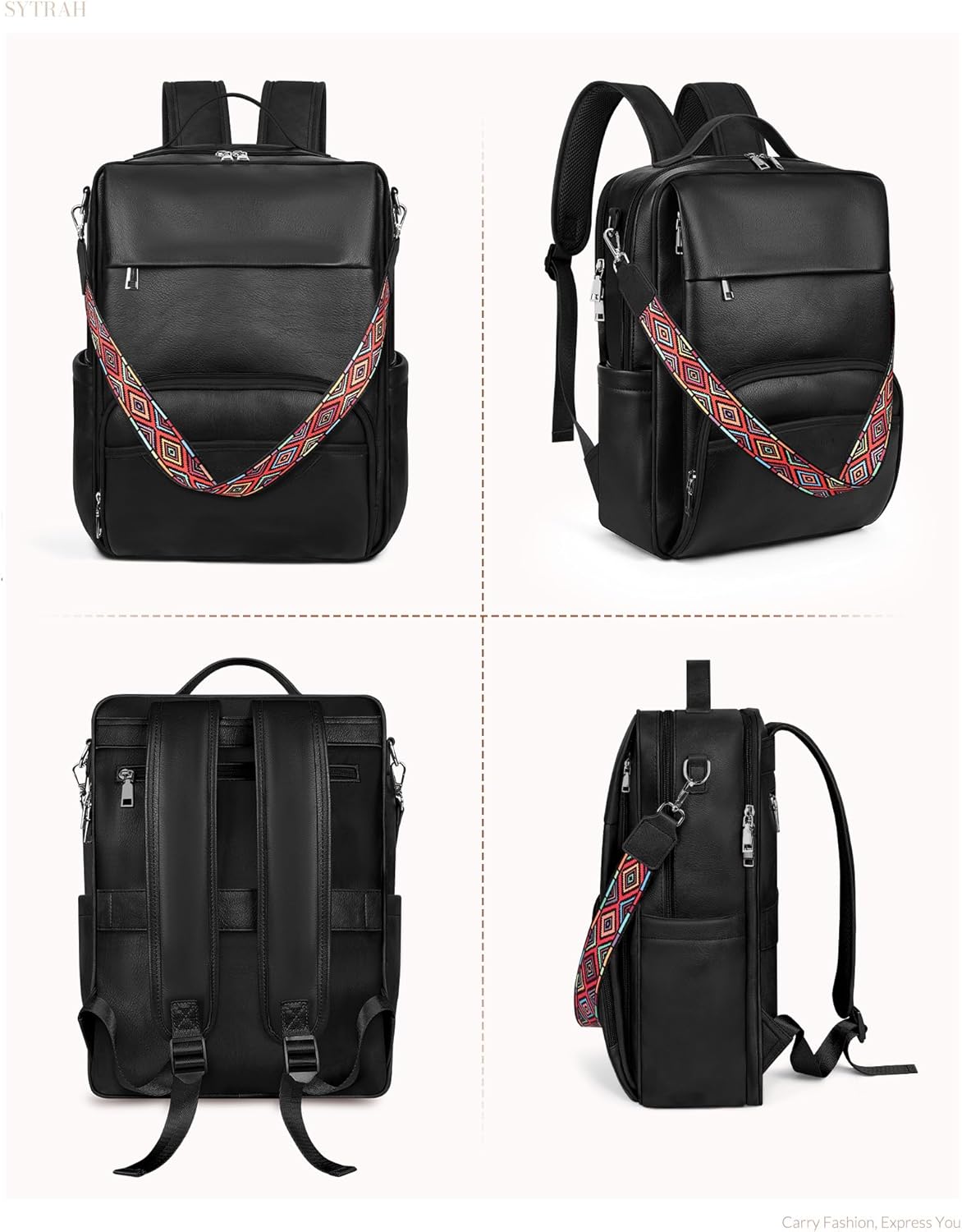 Leather Laptop Backpack, 15.6 Inch Business Computer Bag, Designer College Backpack Travel Backpack with Colorful Shoulder Bag Strap Black - Image 9