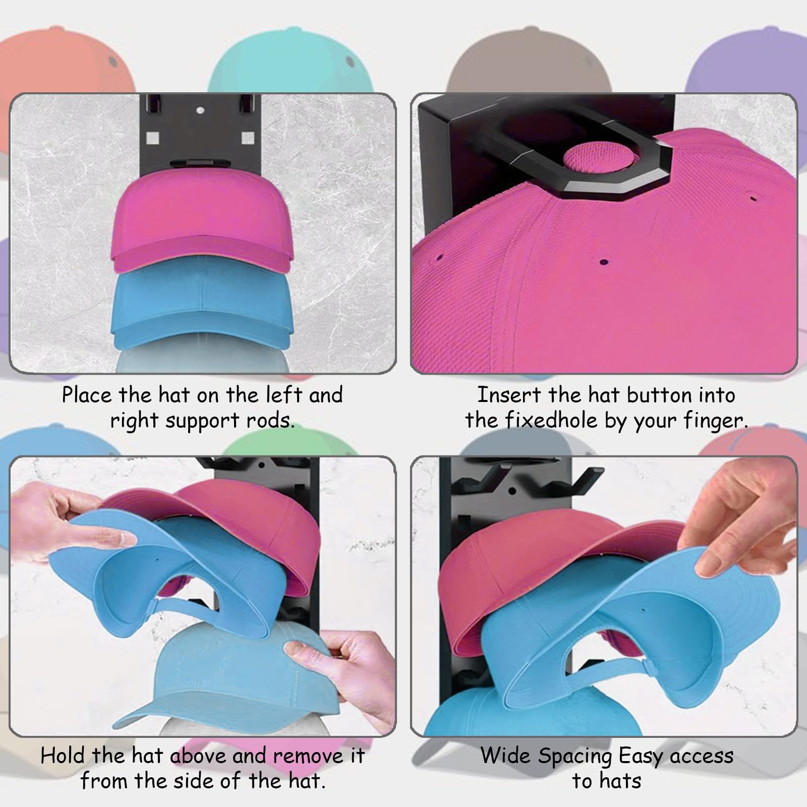 2 piezas Colgador Gorras Autoadhesivo, Organizador Gorras para sombreros de pared con adhesivo fuerte, Soporta Hasta 18 Sombreros para Puerta, Armario y Dormitorio​ (Negro)