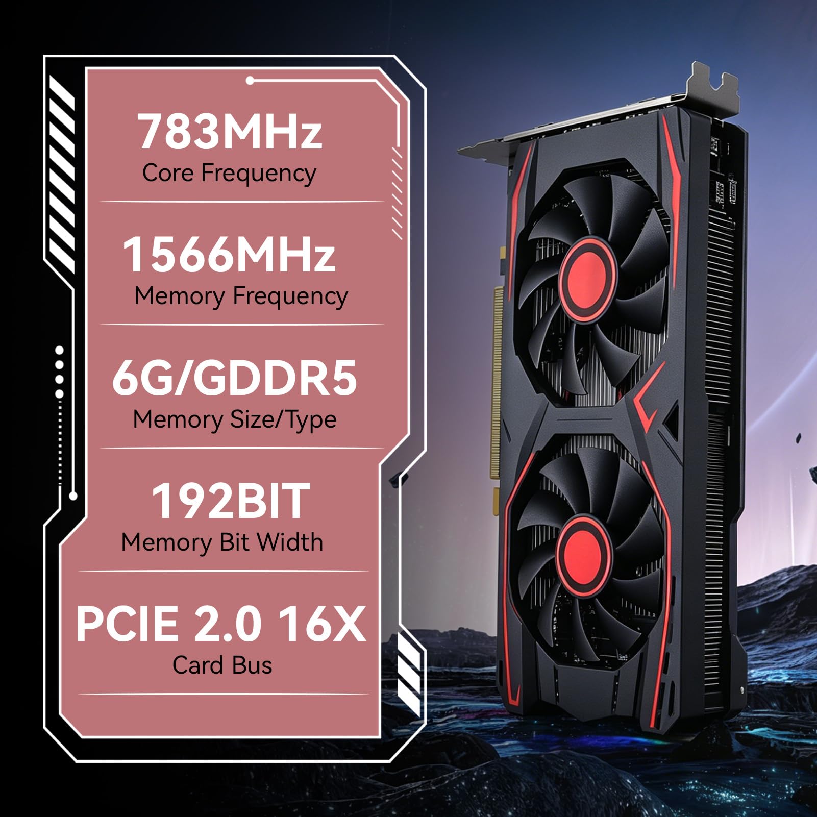 Cartes Graphiques 6 Go, Carte Graphique, 6 Go GDDR5 192 Bits Double Ventilateur PCIE 2.0 16X Slot Prend en Charge DVI VGA HDMI Interface multimédia Carte vidéo de Jeu