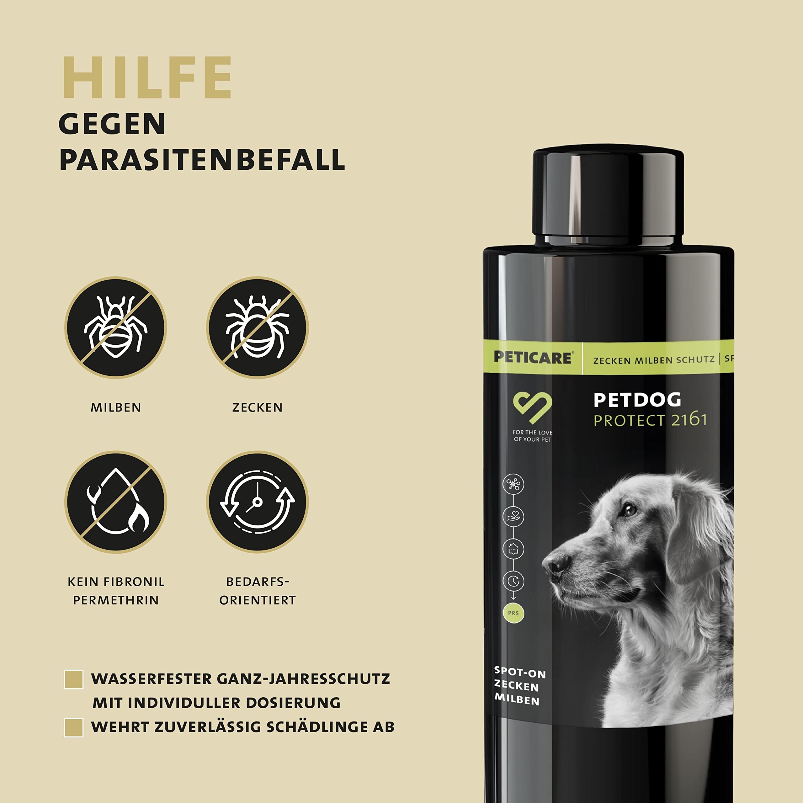 Peticare® Zeckenschutz für Hunde – Natürliches pflanzliches Spot-On gegen Zecken, Milben & Flöhe – ohne Chemie (Fipronil-frei) – Wasserfest & 24h Langzeitwirkung durch PRS® System, petDog Protect 2161