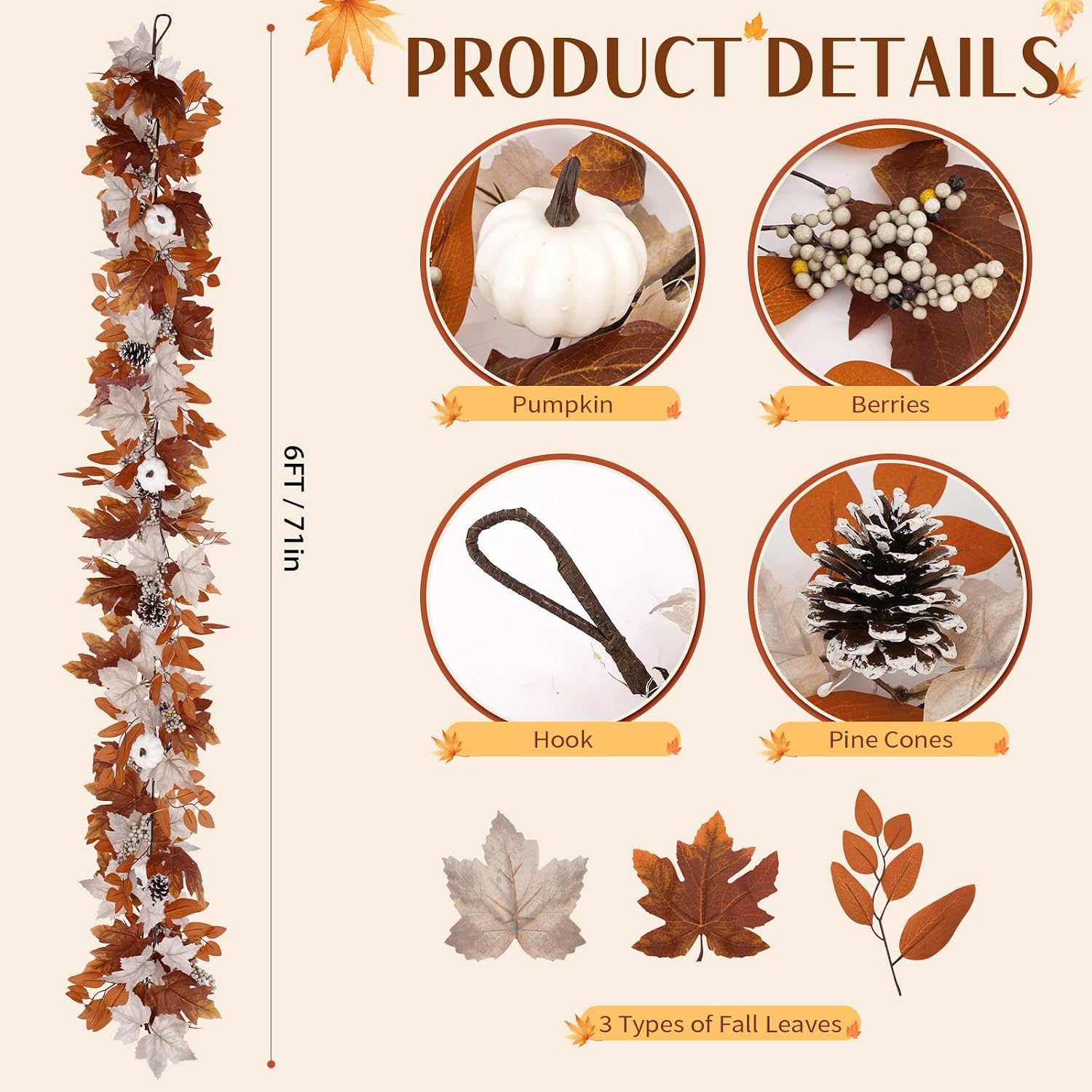 6 Ft Fall Garland with Lights, Thanksgiving Mantel Decor | 30 Warm LED Lights, 6H Timer, Maple Leaves, Pumpkin, Berries and Pine Cones, Fireplace, Porch Table Autumn Decor