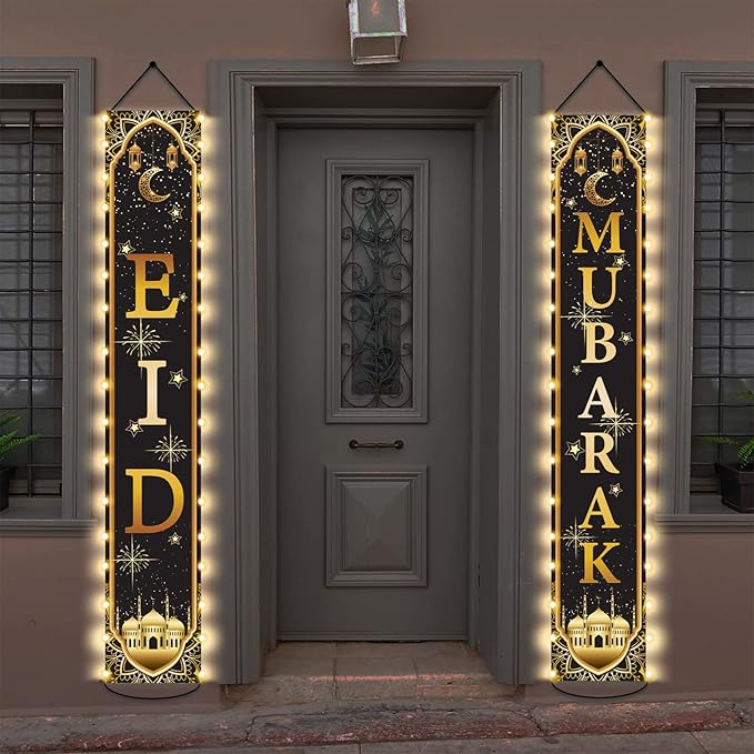 Eid Mubarak Door Banners Lighted Decorations Eid Al-Adha Porch Sign with LED Light Decorations