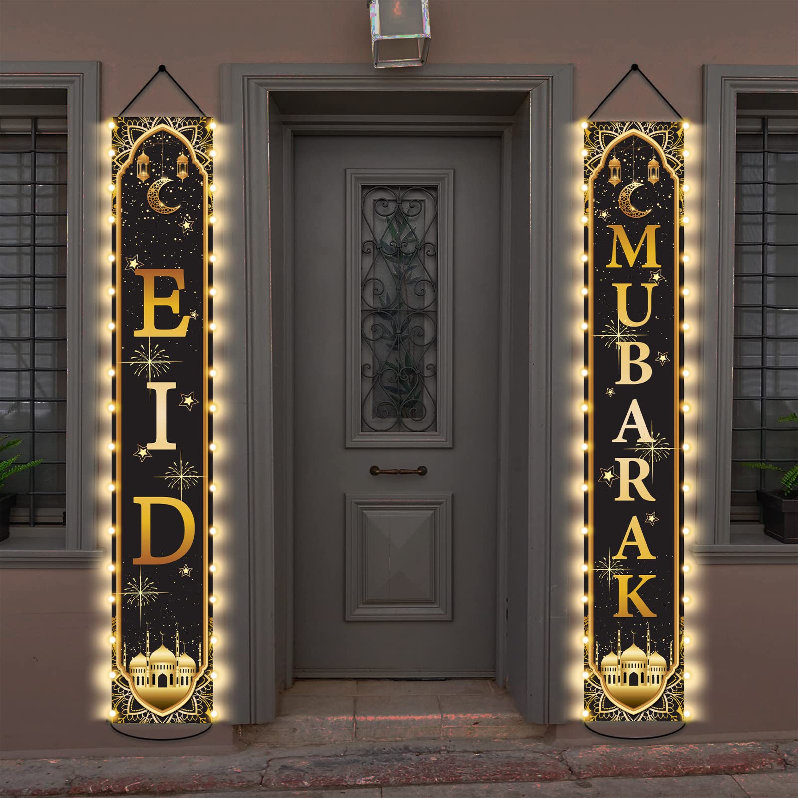 Eid Mubarak Door Banners Lighted Decorations Eid Al-Adha Porch Sign with LED Light Decorations Black Gold Moon Lantern Door Sign Hanging Banner for Eid Al-Adha Party Outside Lighted Decor