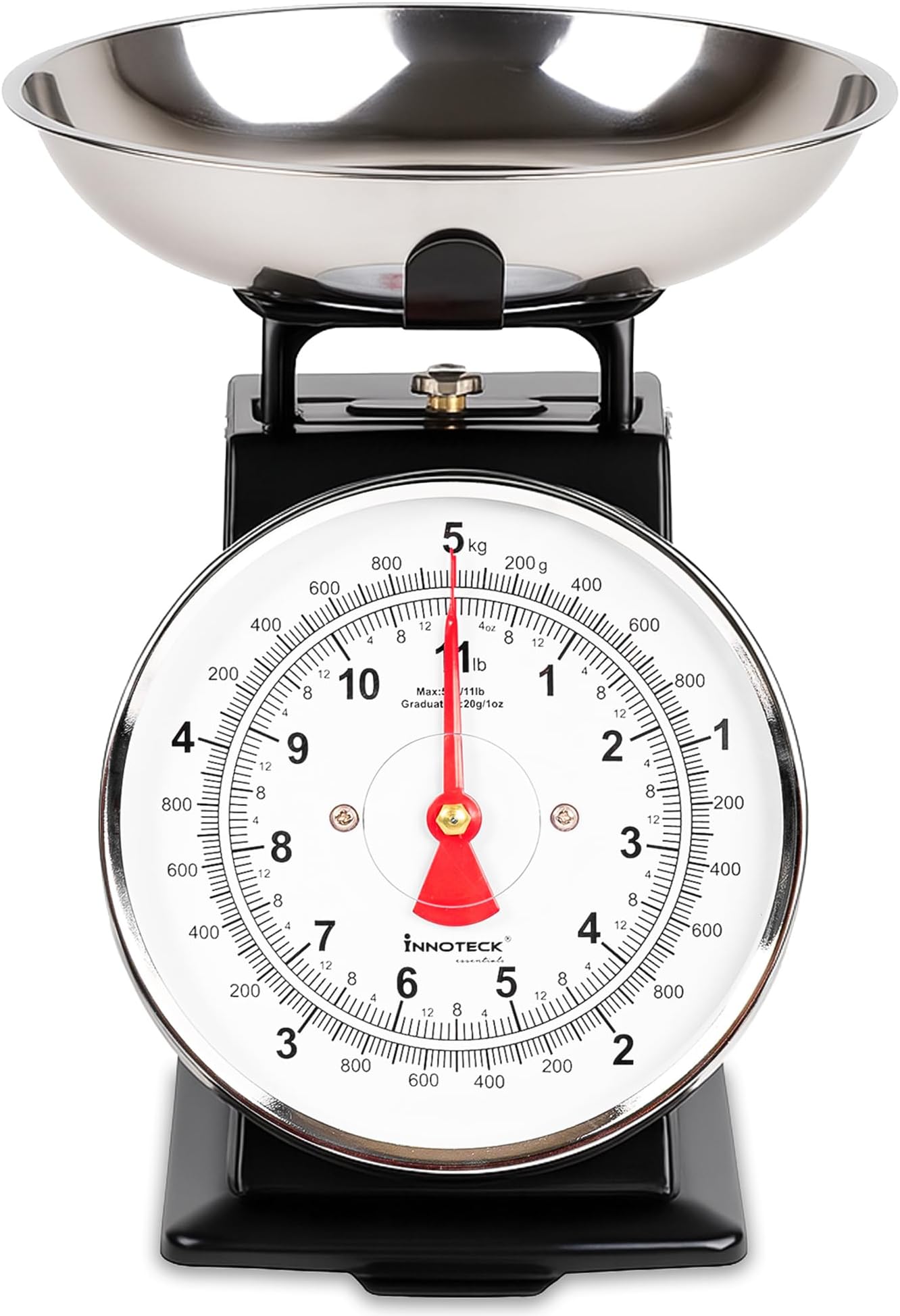 Innoteck Mechanical Kitchen Scale - Stainless Steel Kitchen Scales with Bowl & Large Dial, Analogue Food Scale with 5kg Capacity, Food Weigher with Non-Slip Feet for Baking and Cooking