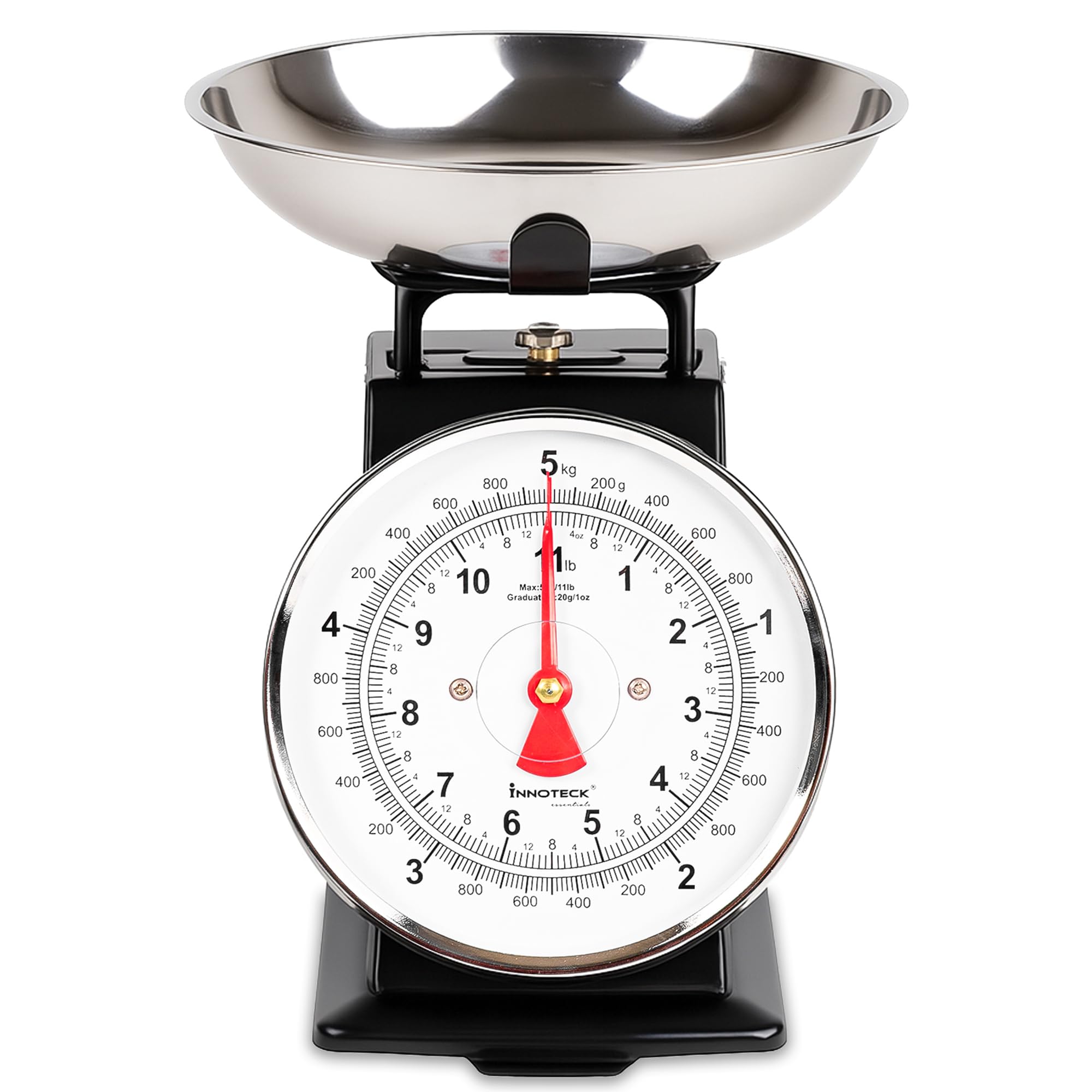 Innoteck Mechanical Kitchen Scale - Stainless Steel Kitchen Scales with Bowl & Large Dial, Analogue Food Scale with 5kg Capacity, Food Weigher with Non-Slip Feet for Baking and Cooking
