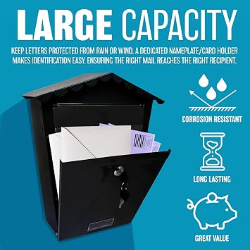 Black Steel Post Box - Wall Mounted Large Mailbox for Parcel Delivery | Powder Coated - Home Use & Outside On Sheds, Garages, Walls, Gates - Mail Box with 2 Keys | Lockable Letter - Keep Mail Safe