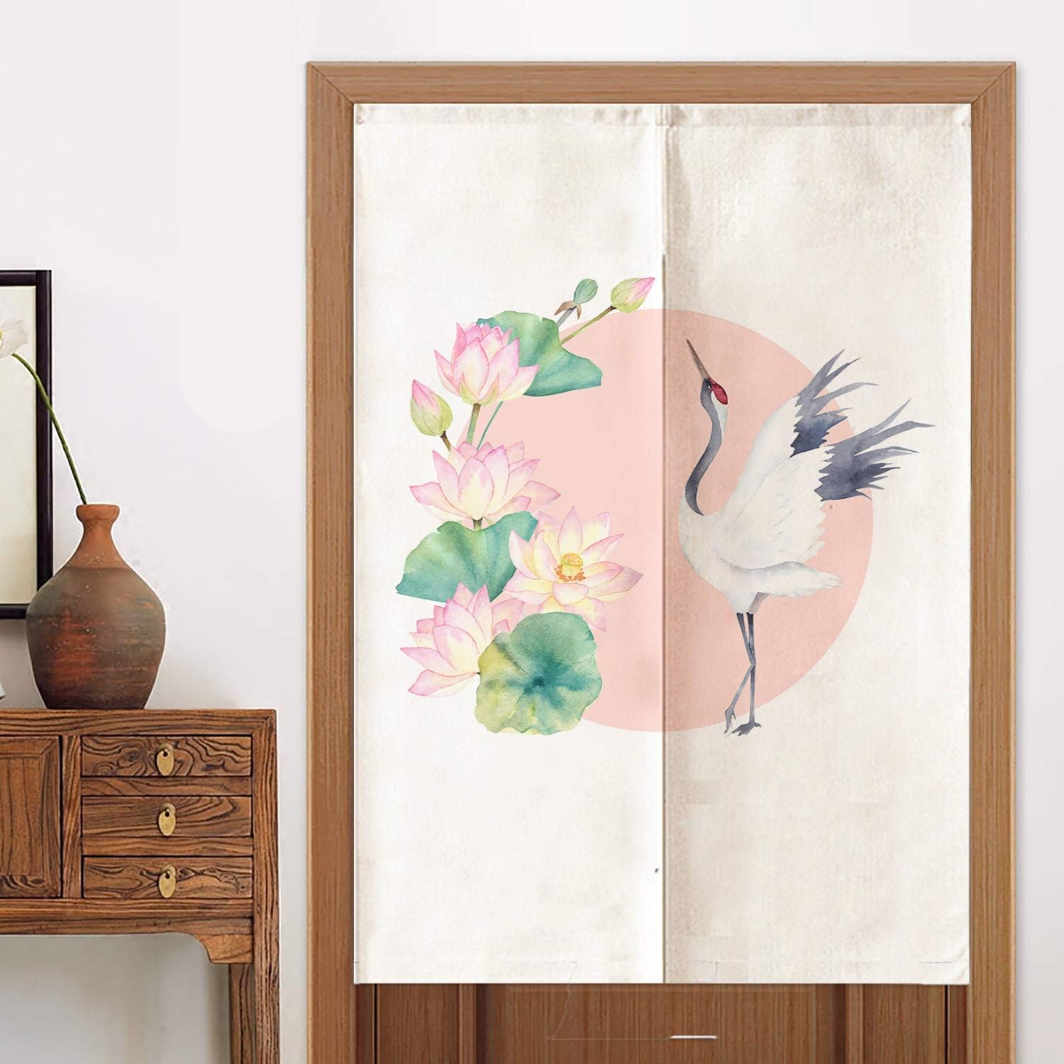 Ofat Home Pink Crane and Lotus Japanese Noren Doorway Curtain Chinese Traditional Watercolor Painting Tapestry for Wall Hanging Bedroom Decor for Kitchen Partition Bathroom Divider, 33.5"x 59"