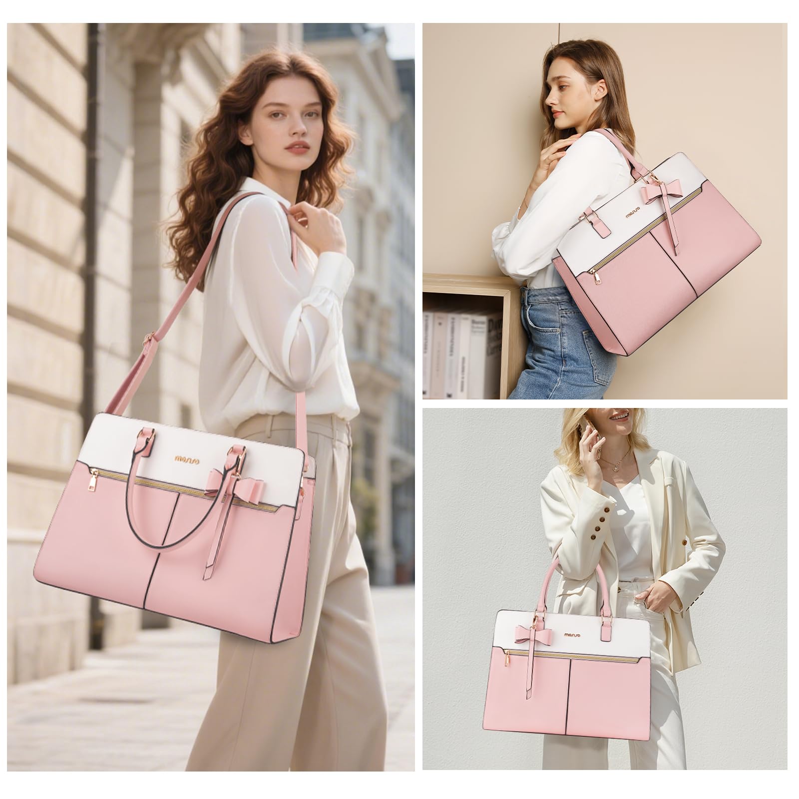 MOSISO Borsa Tote Laptop Donna, 15.6 Pollici Lavoro Pelle PU Impermeabile con Pochette e Fiocco, Borse a Mano Grande Capacita, Borsa a Tracolla Computer, Valigetta Lavoro Ufficio, Insegnante,Rosa
