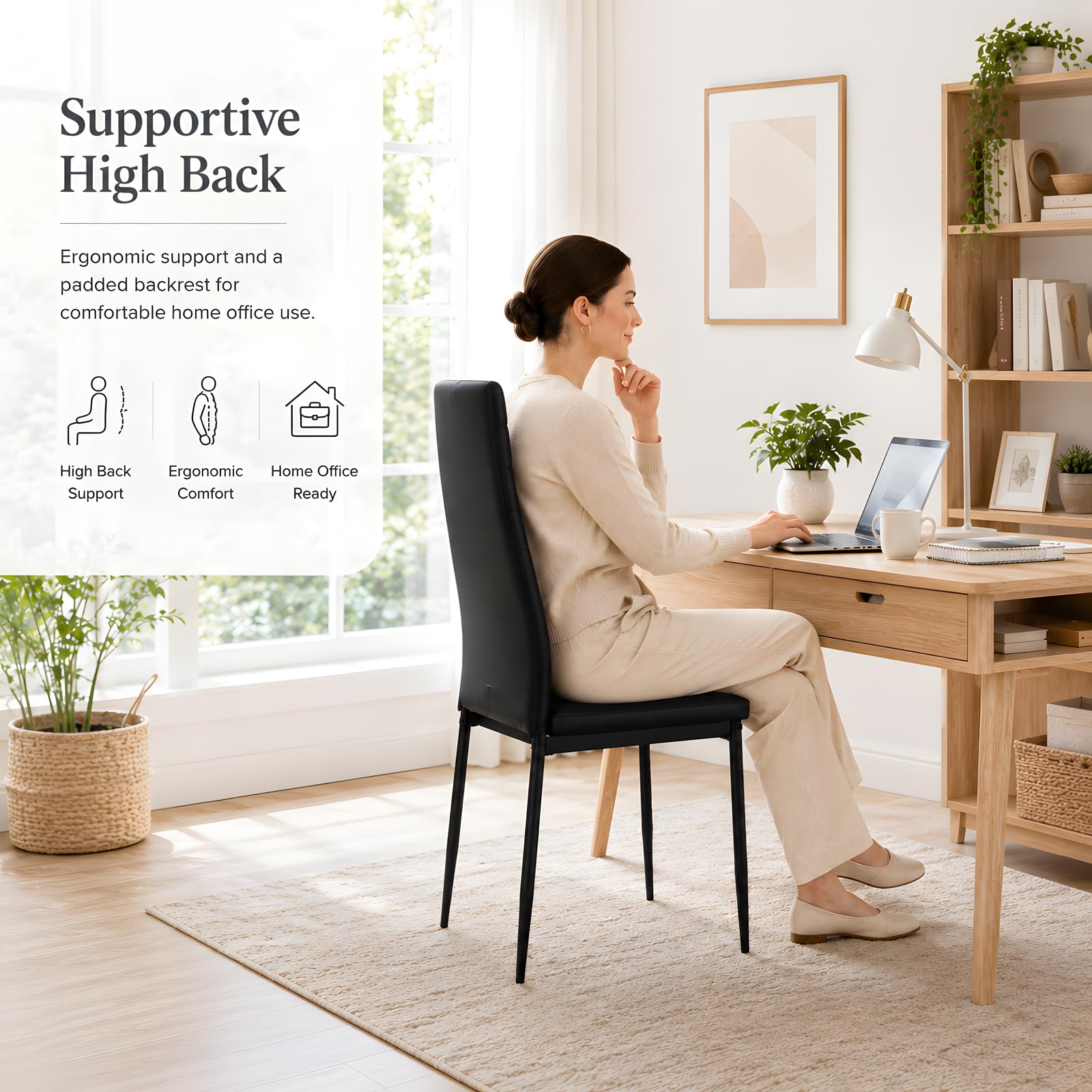 Juego de 4 Sillas de Comedor Negro Polipiel Fácil de Limpiar Silla Cocina Moderna Acolchada Patas Metal Respaldo Alto Salvaspacio Impermeable