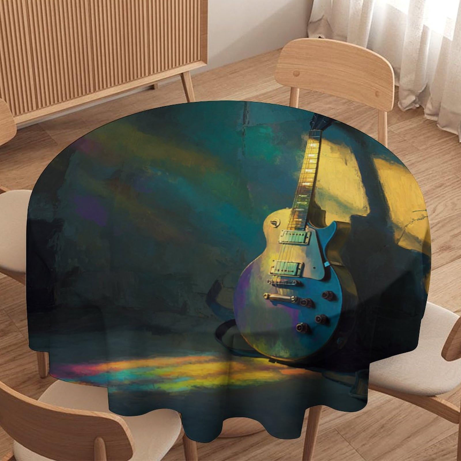 LUYYSKY Retro Funny Music Guitar Waterproof Round Tablecloth Funny Abstract Graffiti Wall Musical Instrument Print Washable Table Cover for Kitchen-127 Wx127 L cm