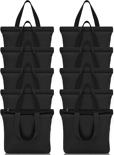 Sanwuta 10 bolsas de lona negra con asas de 16.5 x 3.9 x 13 pulgadas, bolsa de lona lisa gruesa con cremallera para cocina, bolsa de compras