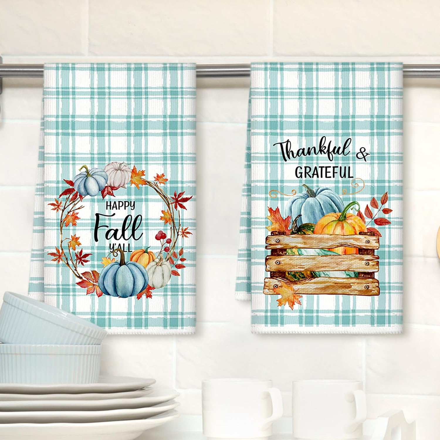 Jingmore 6 Pcs Kitchen Decor Accessory Farmhouse Kitchen Towels Pot Holders Oven Mitts Set 2 Dish Towels 2 Pot Holders 2 Cooking Mittens Oven Glove for Cooking(Thanksgiving Pumpkin Style,Light Blue)
