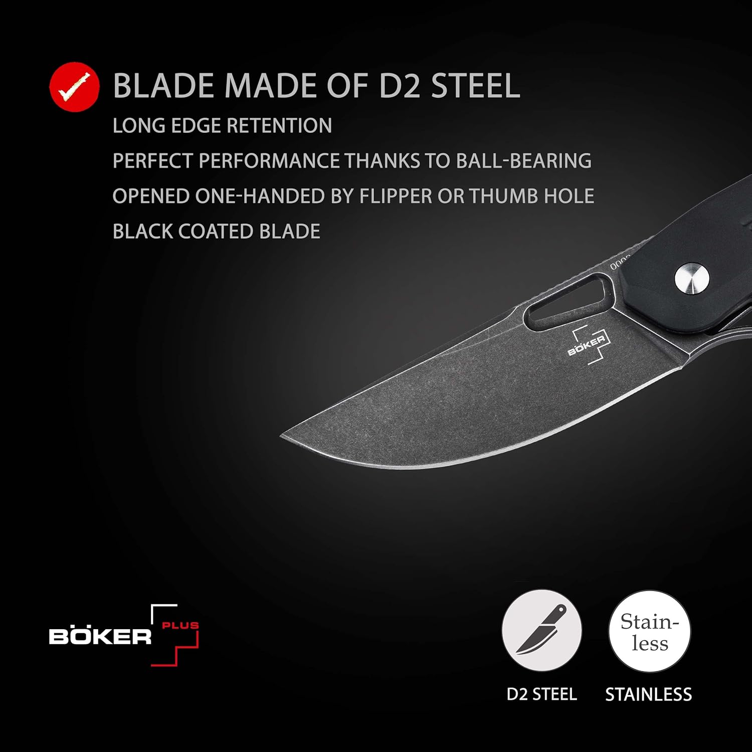 BÖKER PLUS® Nahal Flipper knife - military tactical knife with thumb hole - black D2 blade - tactical folding knife with clip - with case & gift box