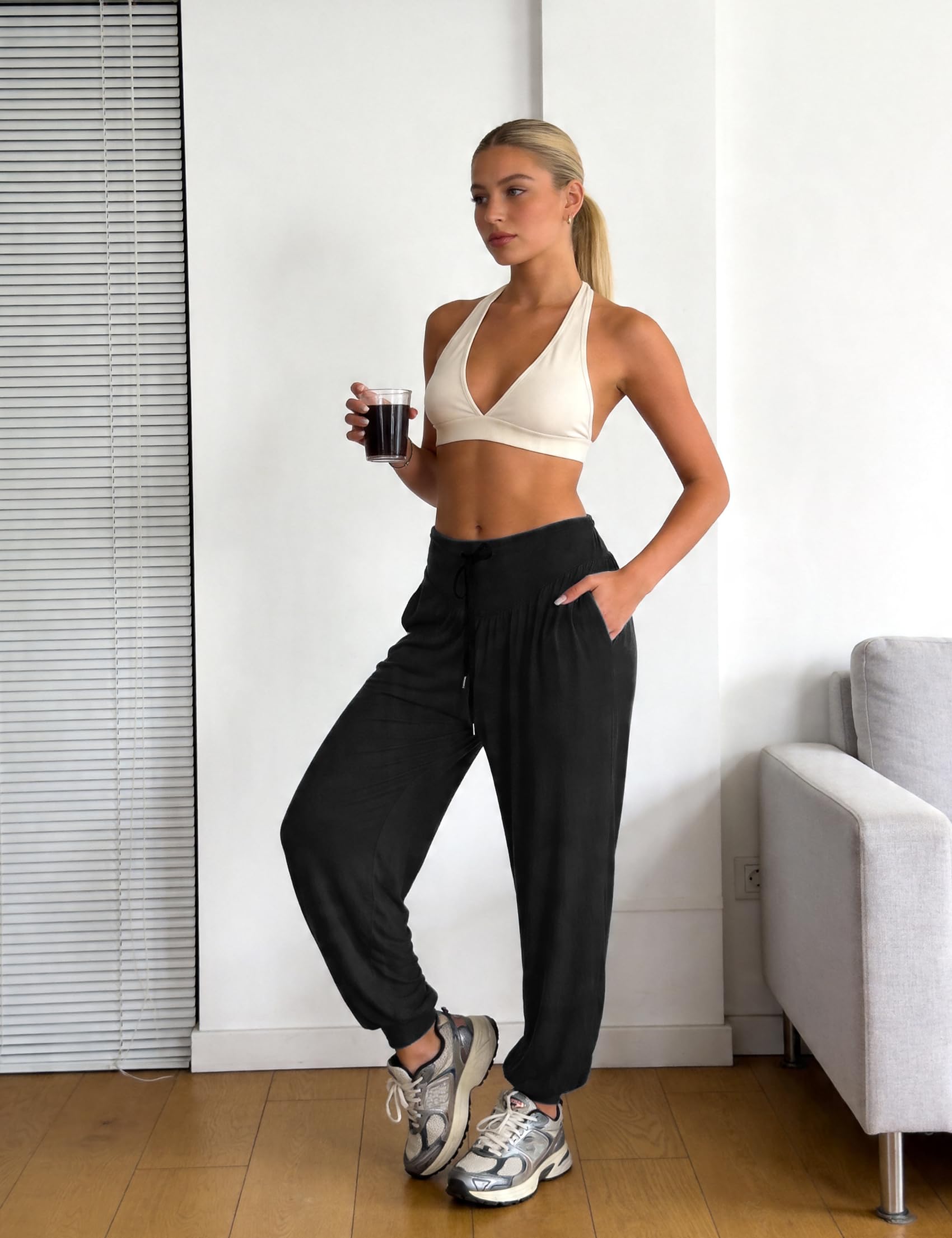 Terecey Yogahose Damen Lang Haremshose Sommer Leicht Pumphose Ballonhose Pluderhose Locker Freizeithose Jogginghose Yoga Hose mit Taschen S-XXL