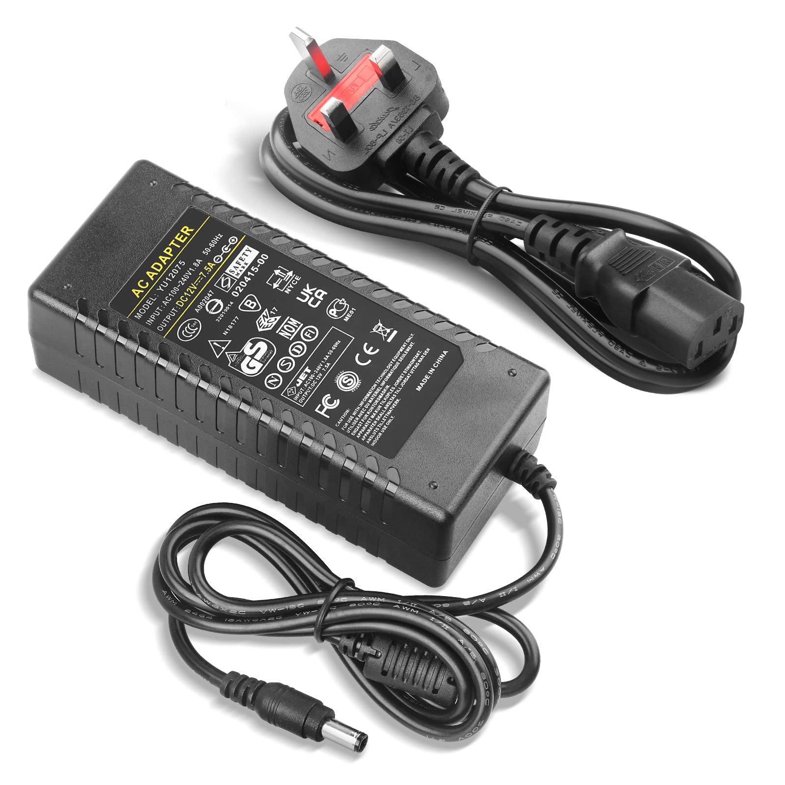 12V 7.5A Power Supply Adapter - COLM AC 100-240V to DC 7.5 amp 90W Transformers Connector Size 5.5mmx2.5mm for LCD TFT Monitors/TVs/DVDTVs (Compatible with 12V 5A / 6A / 7A)