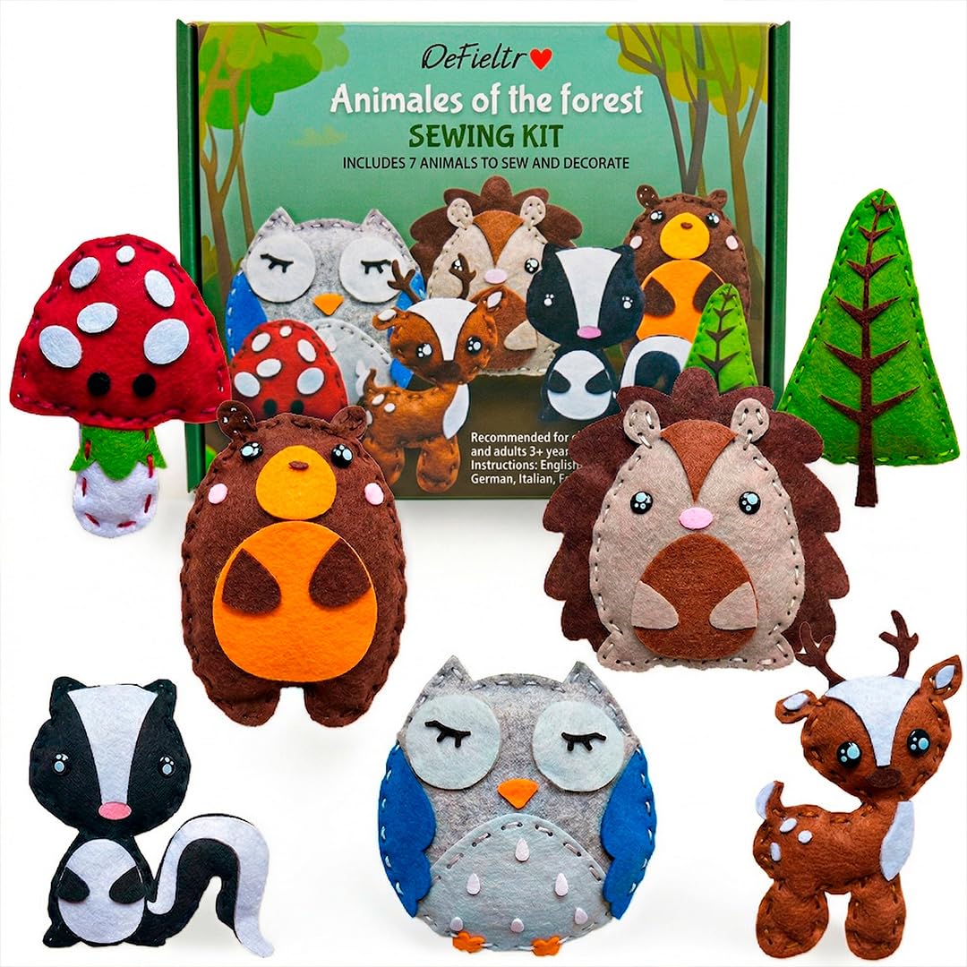DeFieltro Animaux de la Forêt – Kit Couture Enfant (7 Figurines) – Activité Manuelle DIY et Jeu de Couture Enfant avec Aiguilles Sécurisées