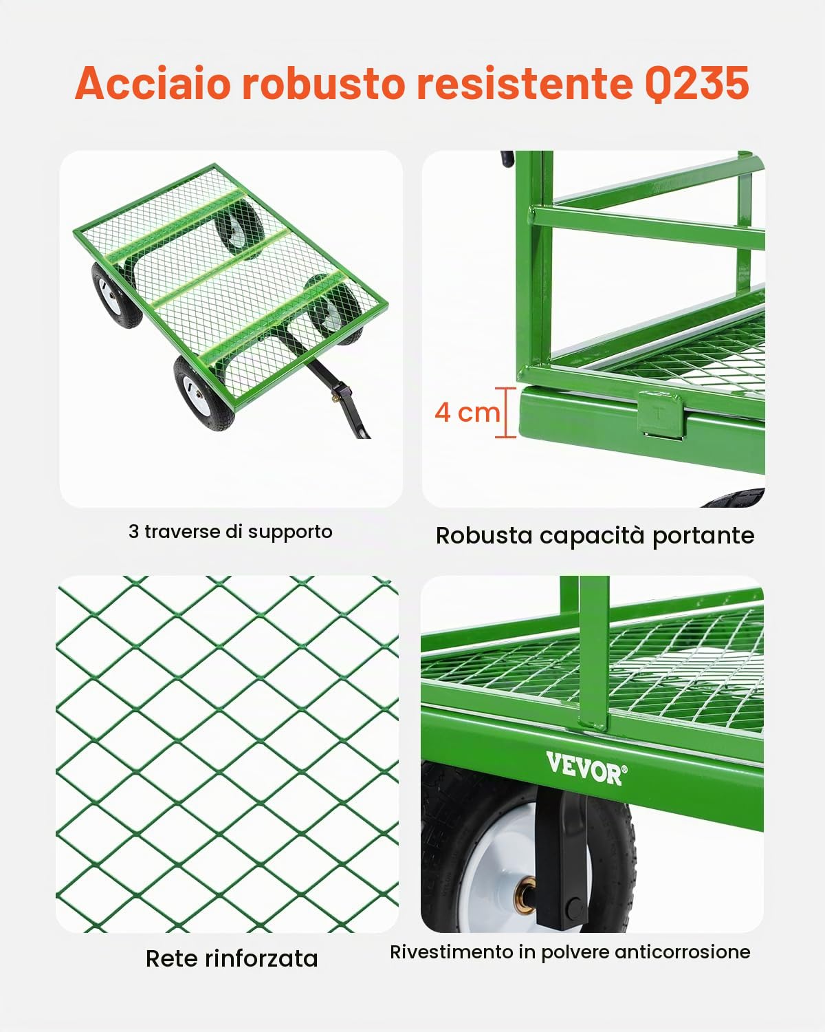 VEVOR Carrello da Giardino in Acciaio 544,31 kg su Ruote, Carrello da Giardino Trainabile per Impieghi Gravosi, Rimorchio da Giardino in Metallo per Esterni con Pneumatici 330,2 mm per Tutti Terreni