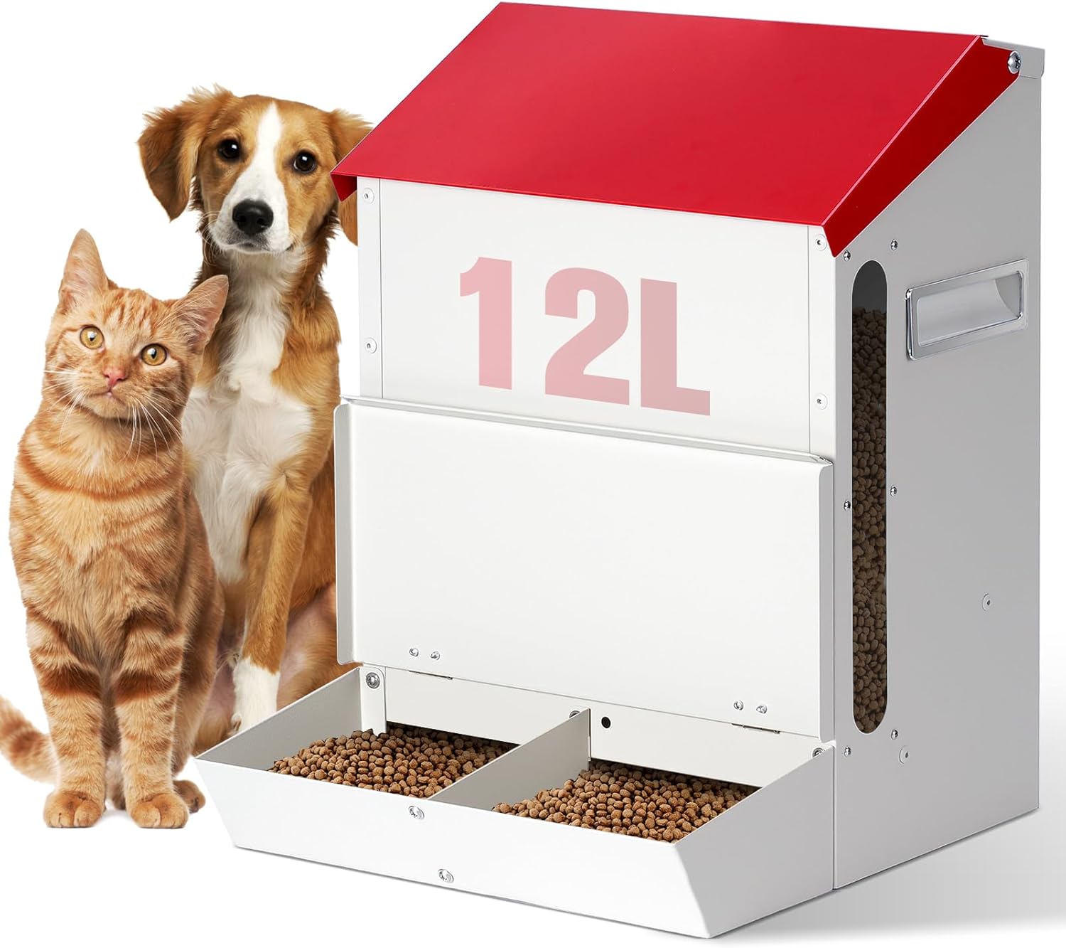 Automatic Cat Feeder 2 Cats,12L Automatic Pet Feeders Large Capacity Outdoor Galvanized Steel Multiple Cats Feeder Gravity Dog Dry Food Dispenser with Lid Red White