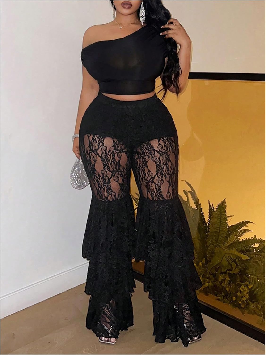 Women's Plus Size Lace Layered Ruffle Pants Sheer Mesh Tiered Party Skinny Leggings Rave Trousers - Image 4