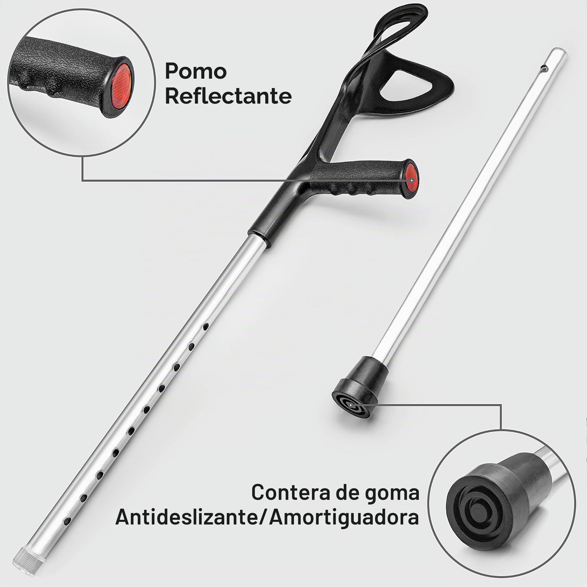 AIESI® Muletas para adulto regulables ortopédicas ligeras color negro en aluminio anodizado (Paquete de 2 piezas), Garantía 24 meses