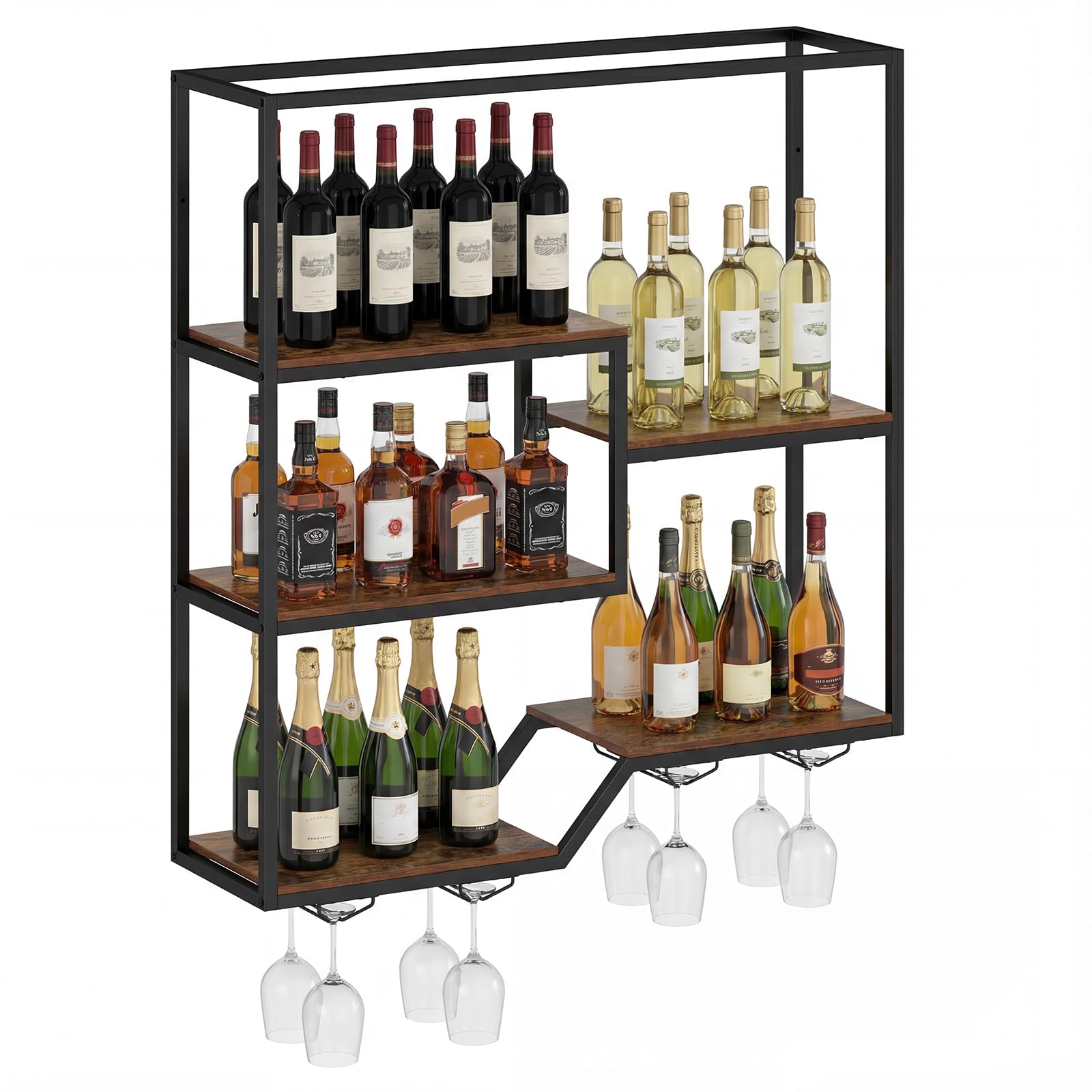 COSTWAY 102 cm Estante de Pared para Vinos, Botellero Colgante de 6 Niveles con Estante para Botellas y Soporte para Copas, Estructura Metálica, Soporte Flotante para Exhibición de Vino, Bar, Comedor