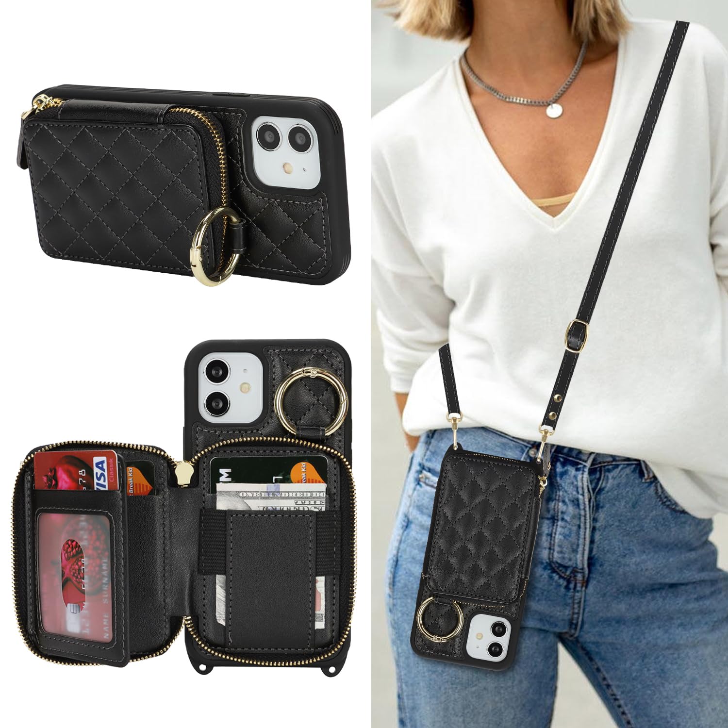 Hamany Crossbody Wallet Case for iPhone 12, PU Leather Zipper Handbag Purse Flip Cover, Kickstand Folio Case with Card Slots Holder Wrist Strap