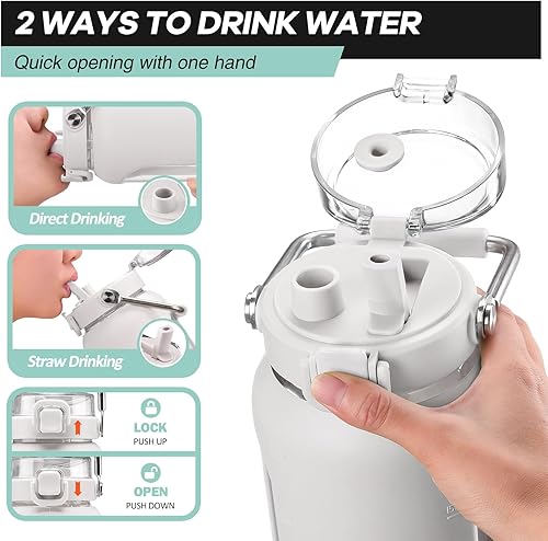 Miniatura 5 de BLUEGO Botella de agua de vidrio de 64 onzas, botellas de agua con mango de acero inoxidable y popote, botella de agua motivacional de medio galón