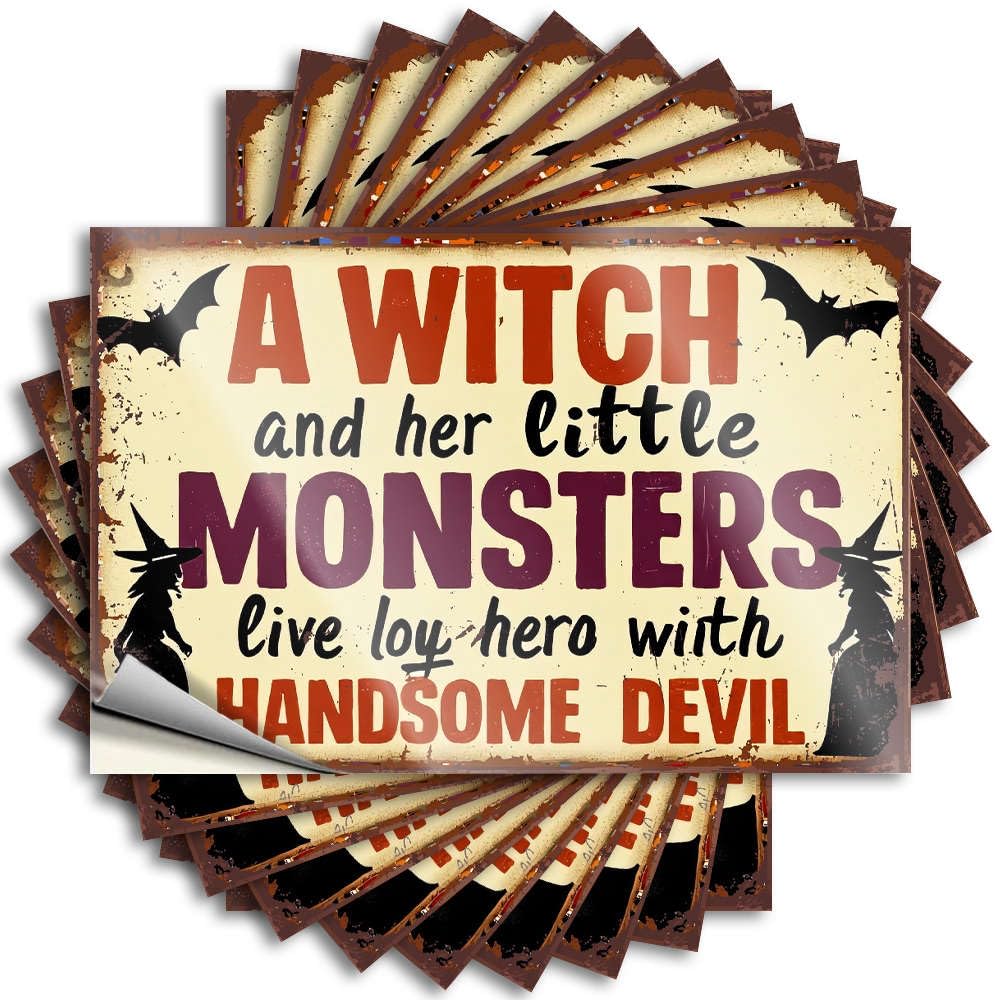 Fall Door Decor Sticker Durable Hat | A Witch and Her Little Monsters Live with Handsome Devil. Rock Self Adhesive Sticker for Comfort DIY(6X9CM)