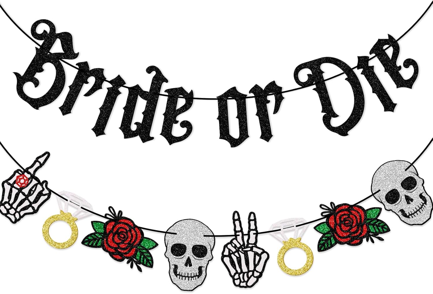 Qttier Bride or Die Banner, Bachelorette Party Decorations for Wedding, Bridal Shower Banner For Engagement, Pre-strung Till Death Do Us Party Decor, Black Glitter