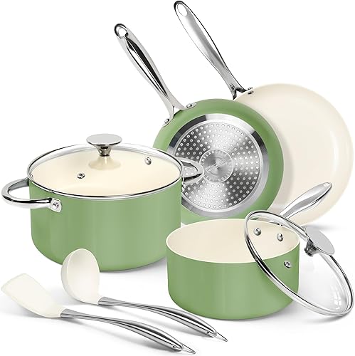 MICHELANGELO Juego de ollas y sartenes, juego de utensilios de cocina de cerámica antiadherente, juego de cocina saludable de 8 piezas, no tóxico,