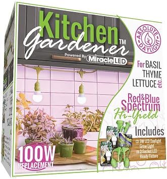 Miracle LED Kitchen Gardener 2-Socket LED Grow Light Bulb Kit with Red & Blue Spectrum Hi-Yield Absolute Daylight Bulbs Replacing 100W and 3 Fixture