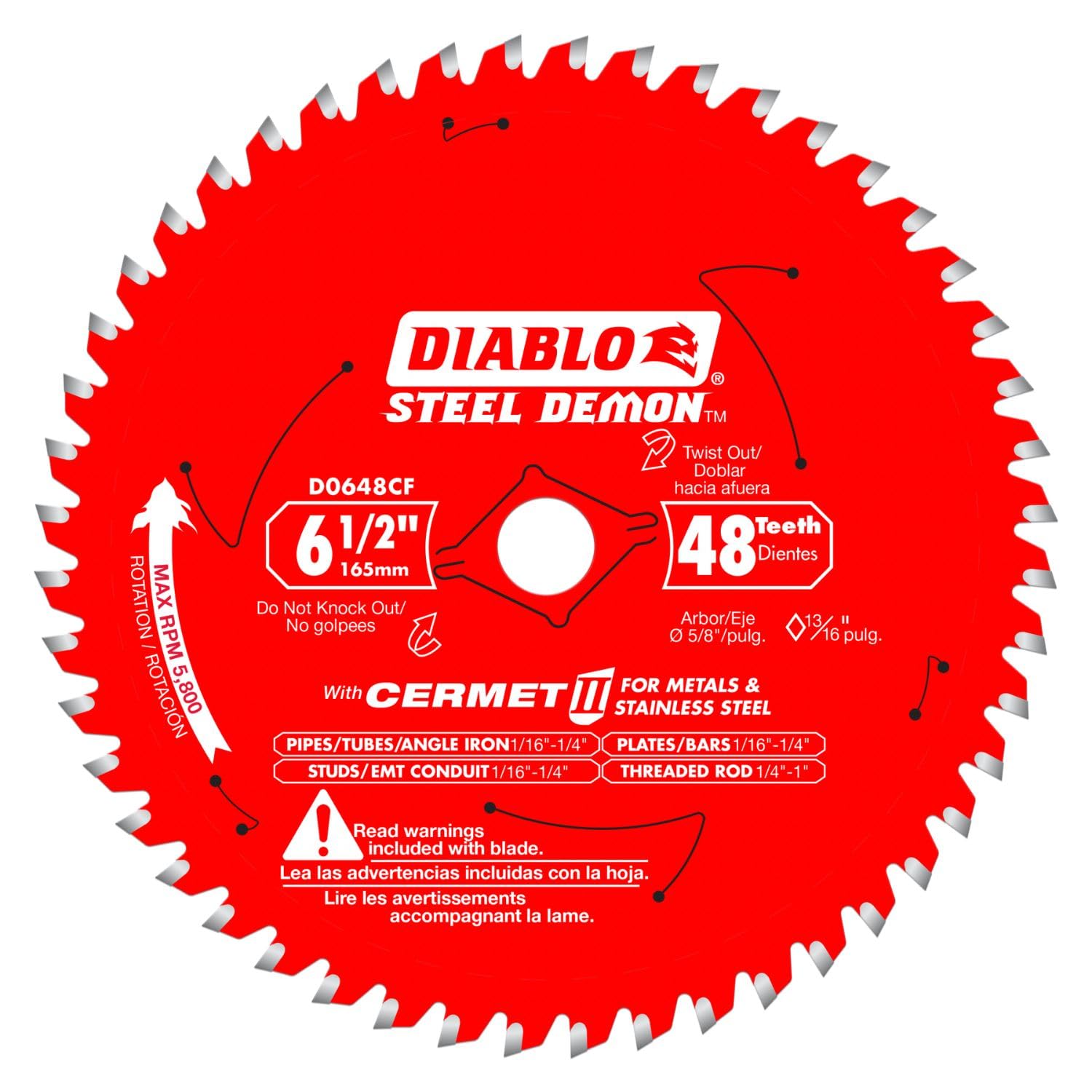 Steel Demon Cermet II Saw Blade for Metals and Stainless Steel - 6-1/2" Diameter, 48 TCG Teeth, 5/8" Arbor, .061" Kerf, 0� Hook Angle, 5800 Max RPM - D0648CFX