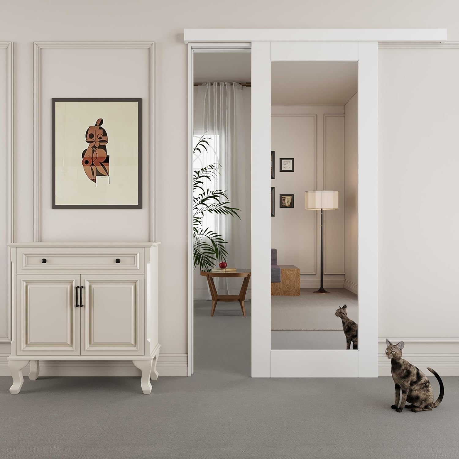 Mirrored sliding barn door in a room