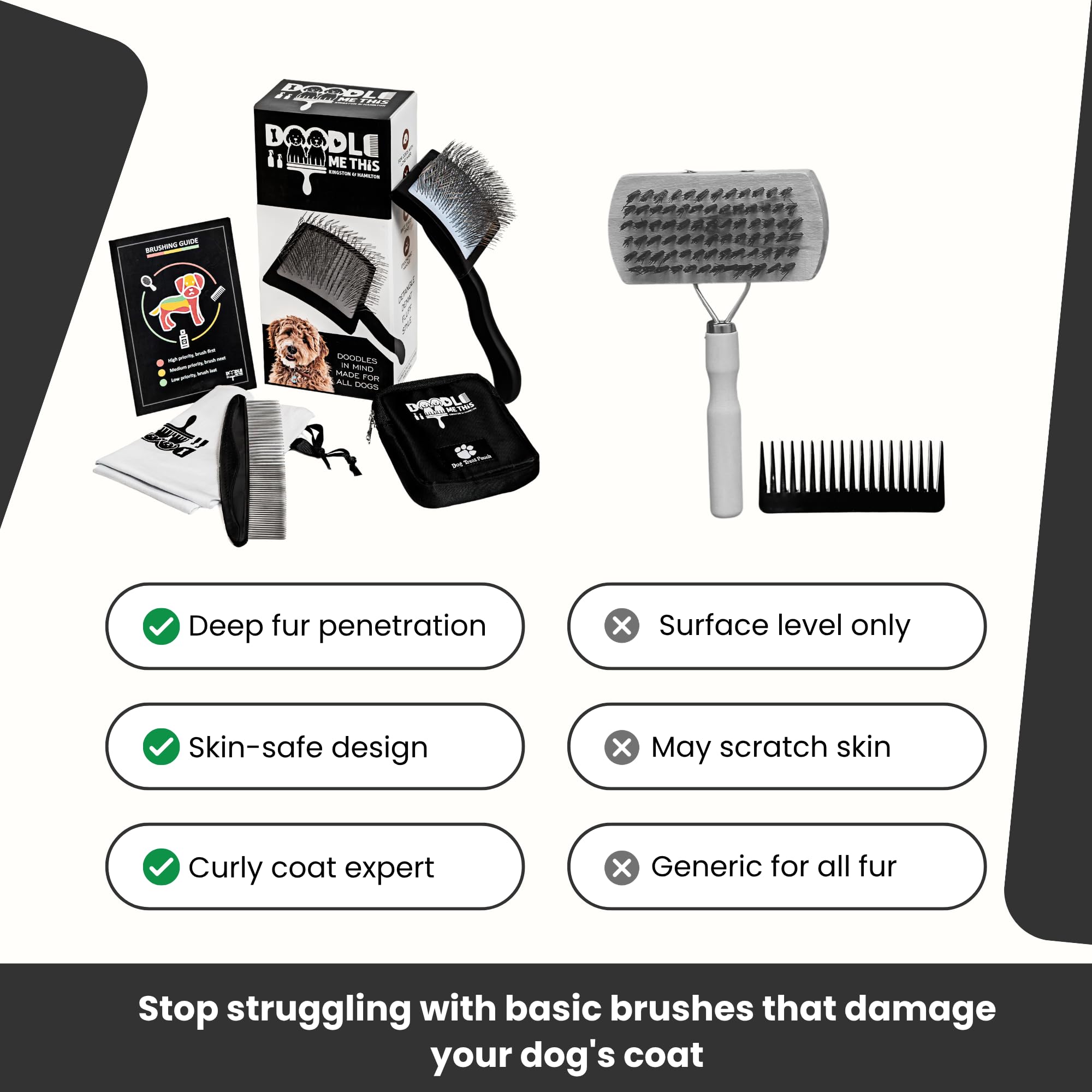 Doodle Me This Dog Slicker Brush para caniches, garabatos, un cepillo grande para perros, un cepillo para perros pequeños, cepillo de madera de pin largo, perfecto para desenredar y desenredar, aseo