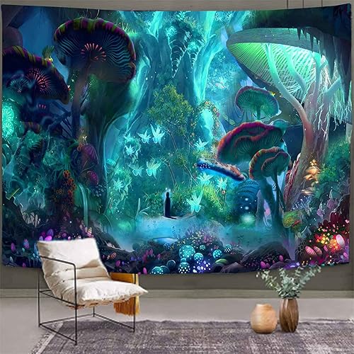 Miniatura 9 de Aidatain Tapiz de selva de hongos misteriosos, extra grande de 108 pulgadas y 90 pulgadas, diseño de árbol de luciérnaga de fantasía, juego de