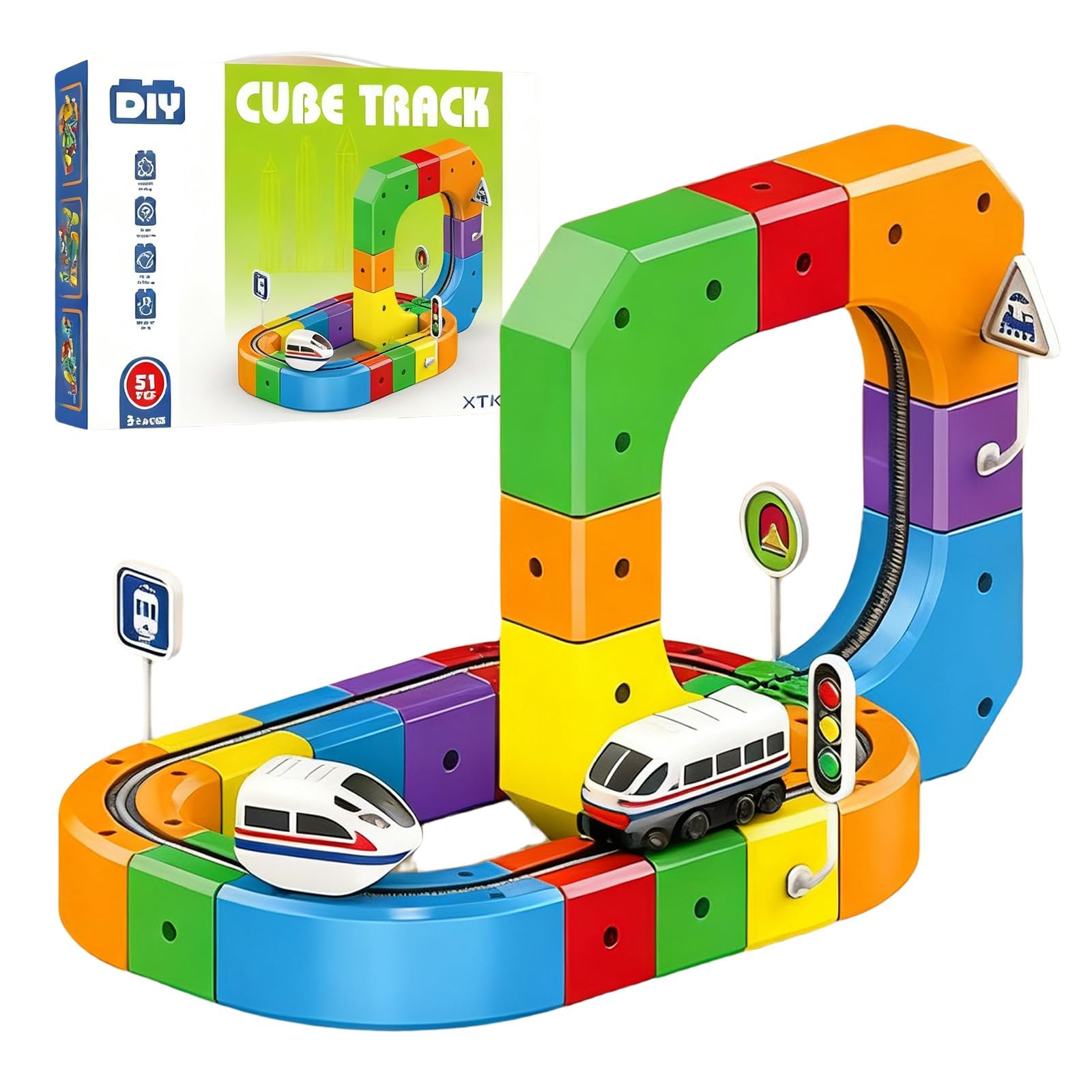 Treno Elettrico per Bambini Set, Trenino Giocattolo con Pista, Layout 3D Incorporati per Bambini Didattico di 3 4 5 6 7 8 Anni, Giochi Regalo Natale/Compleanno (51pcs)