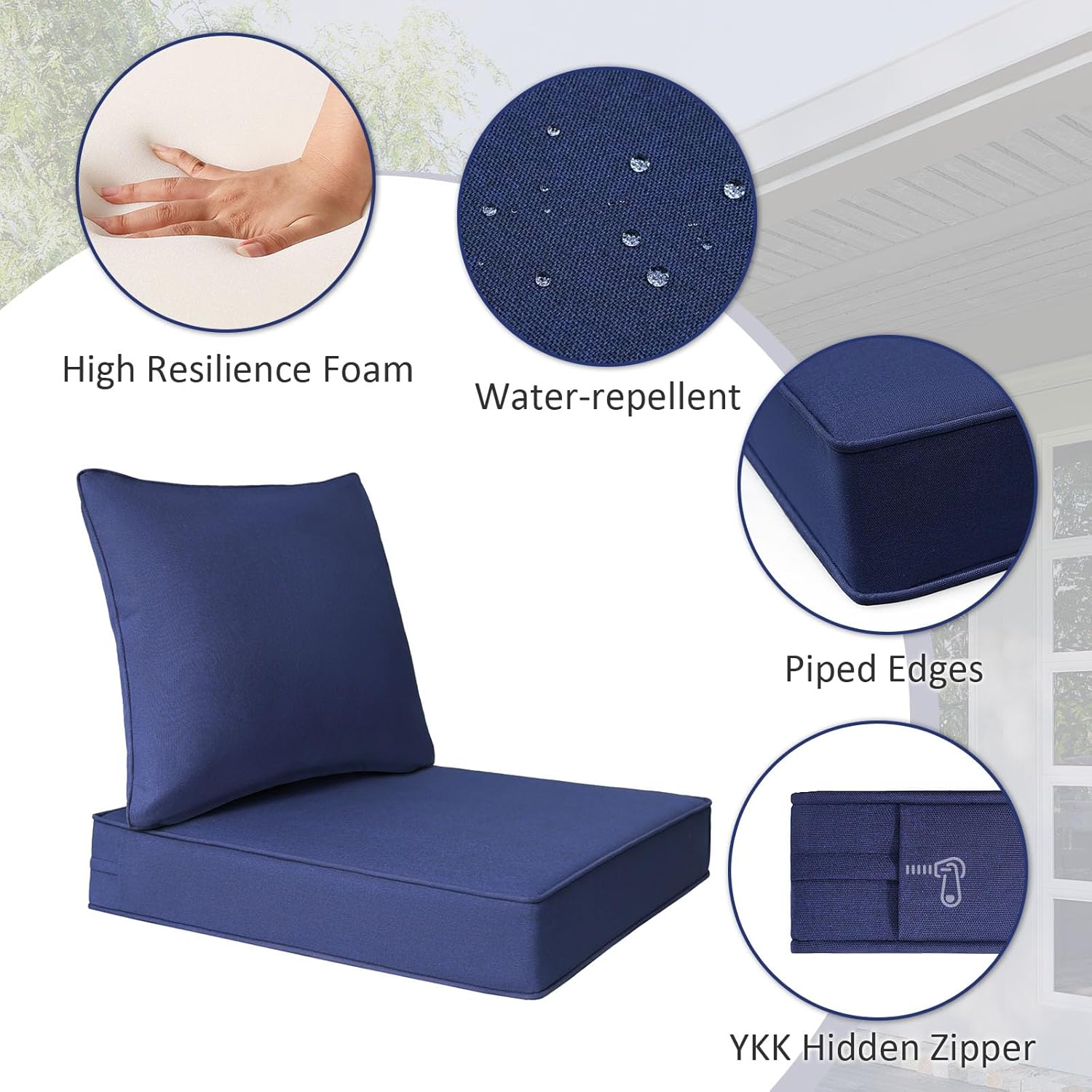 Outdoor Patio Chair Cushions Set, 24 x 24, Set of 2, Water-Repellent, Fade Resistant, Deep Seat Bottom and Back Cushion for Backyard, Couch, Sofa and Patio Furniture, Navy