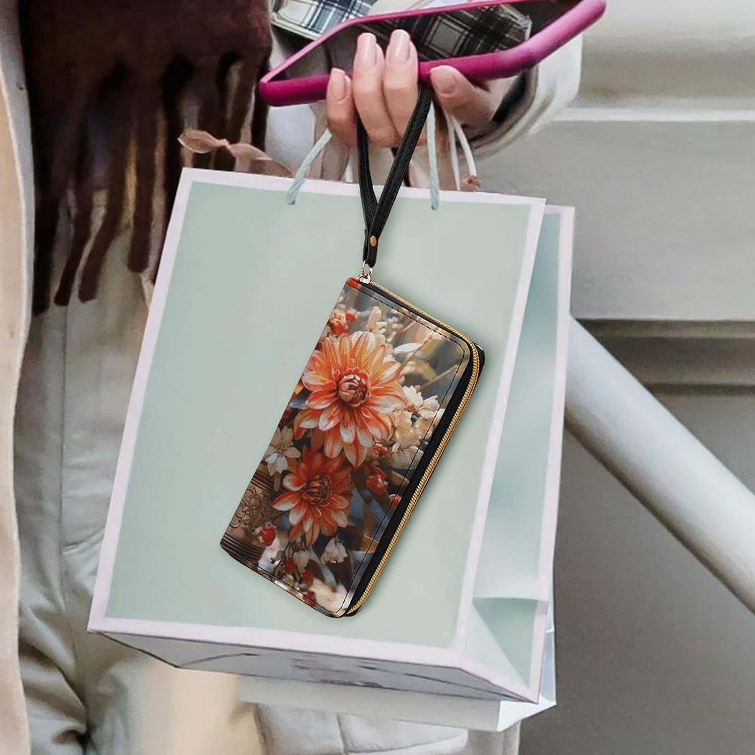 Womens Wallet Orange Flowers Printed Wristlet Wallets for Women Large Capacity Credit Card Holder Ladies Phone Clutch Leather Zip Around Clutch Wallet