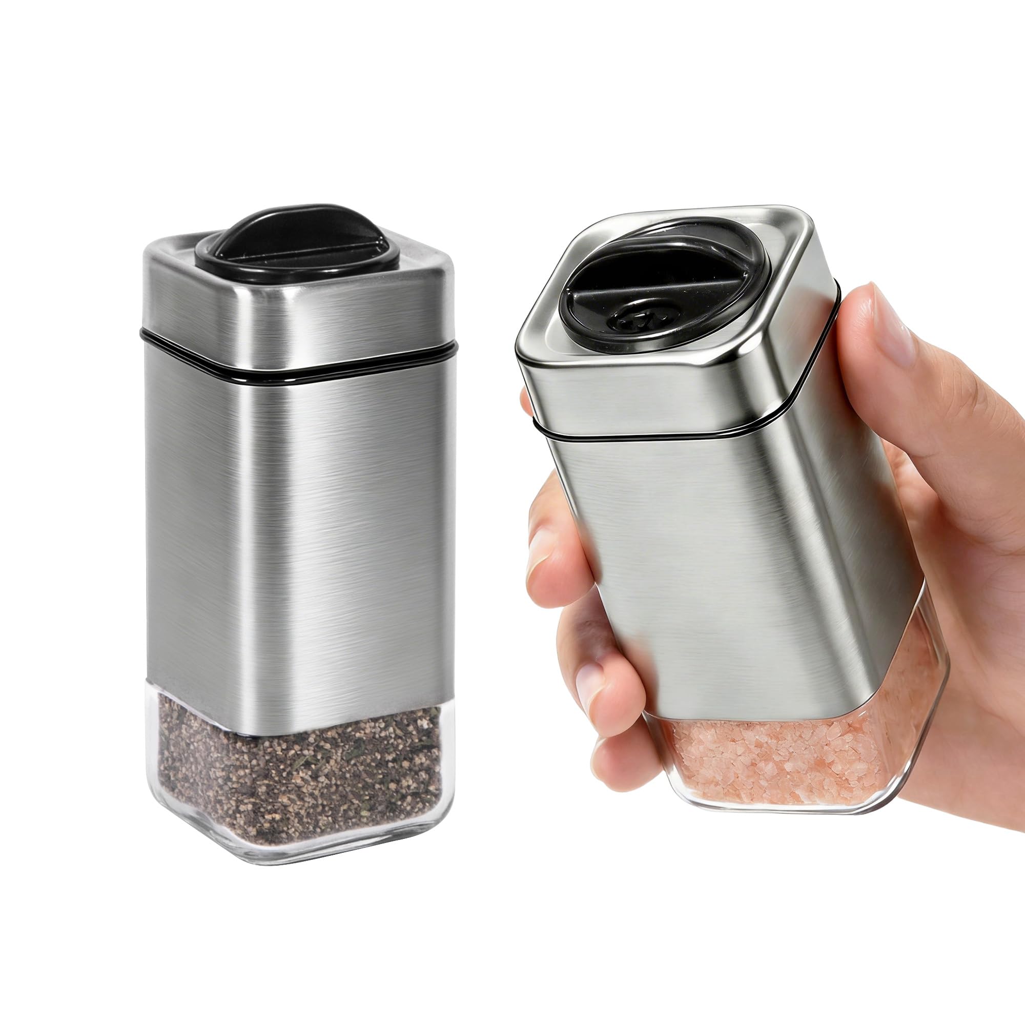 Salt and Pepper Shakers by Aelga, Glass Salt Shaker Set with Adjustable Pour Holes, Ideal for Black Pepper, Kosher and Himalayan